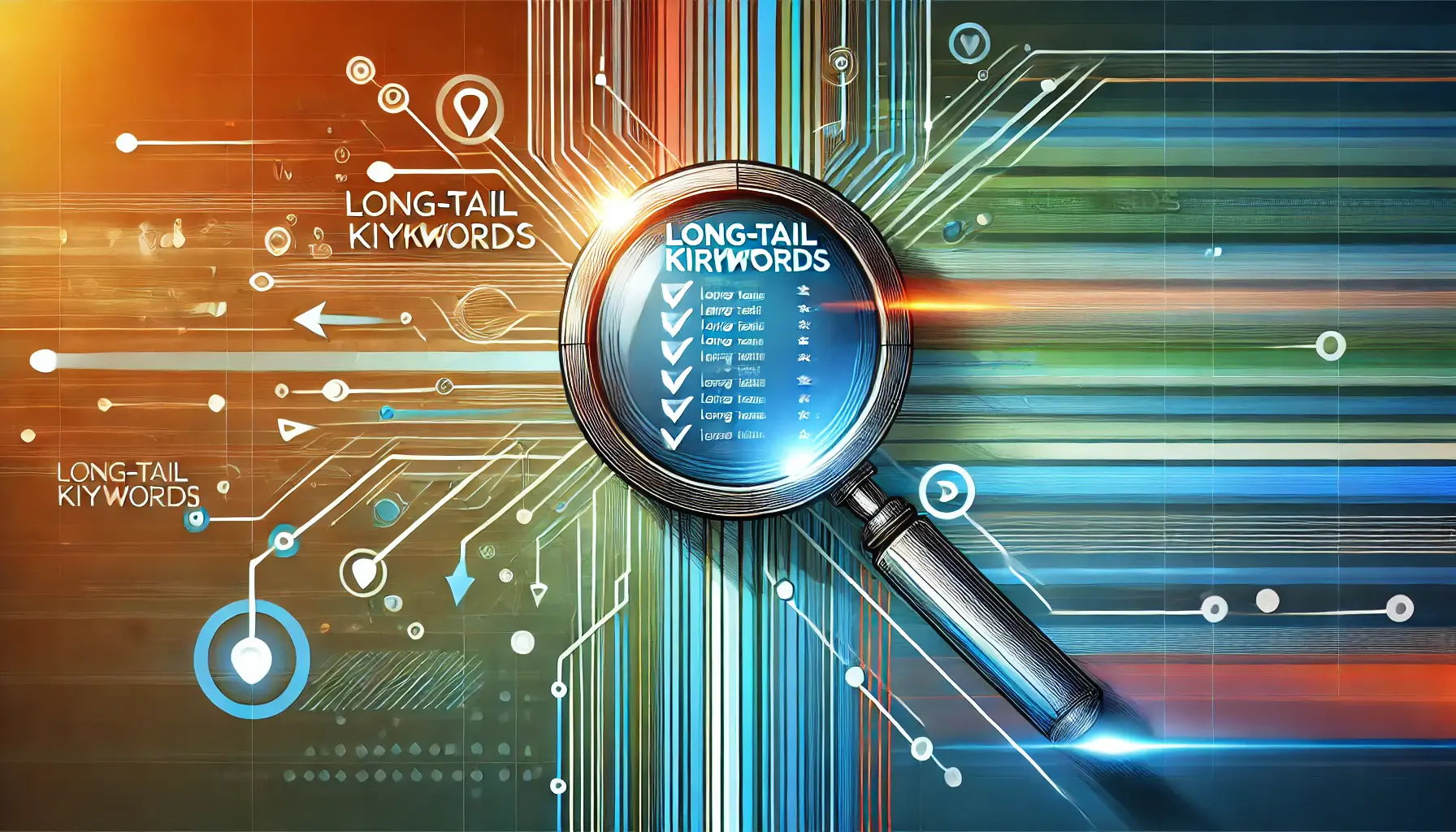 Abstract image representing long-tail keywords with a magnifying glass focused on a list of keywords, arrows pointing to target areas, and interconnected lines symbolizing search precision.