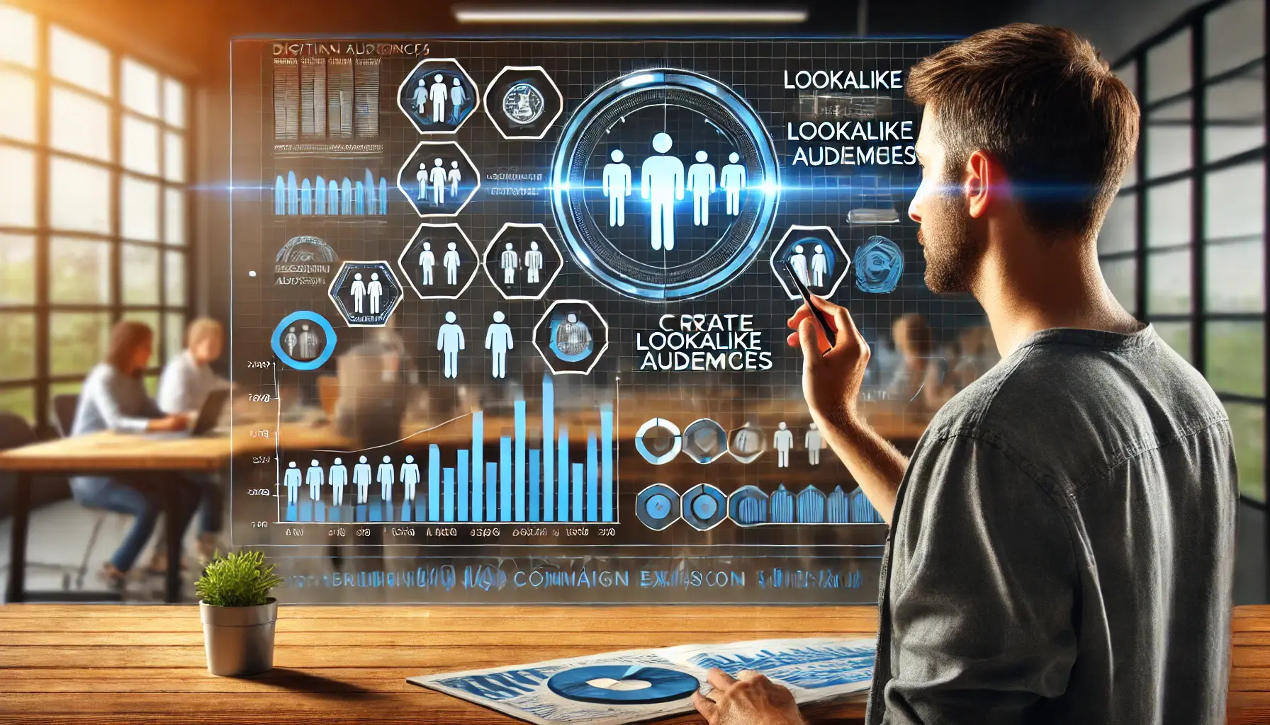 A digital marketer using advanced tools to identify and create lookalike audiences, displaying data visualizations showing similarities between existing and potential customers in a modern office.