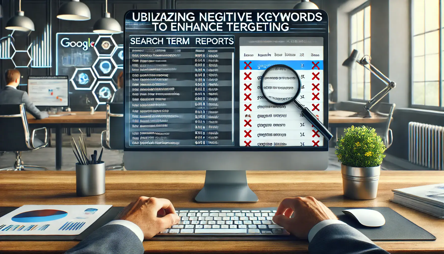 A digital workspace showing a marketer reviewing search term reports and filtering out irrelevant keywords to enhance targeting in Google Ads.