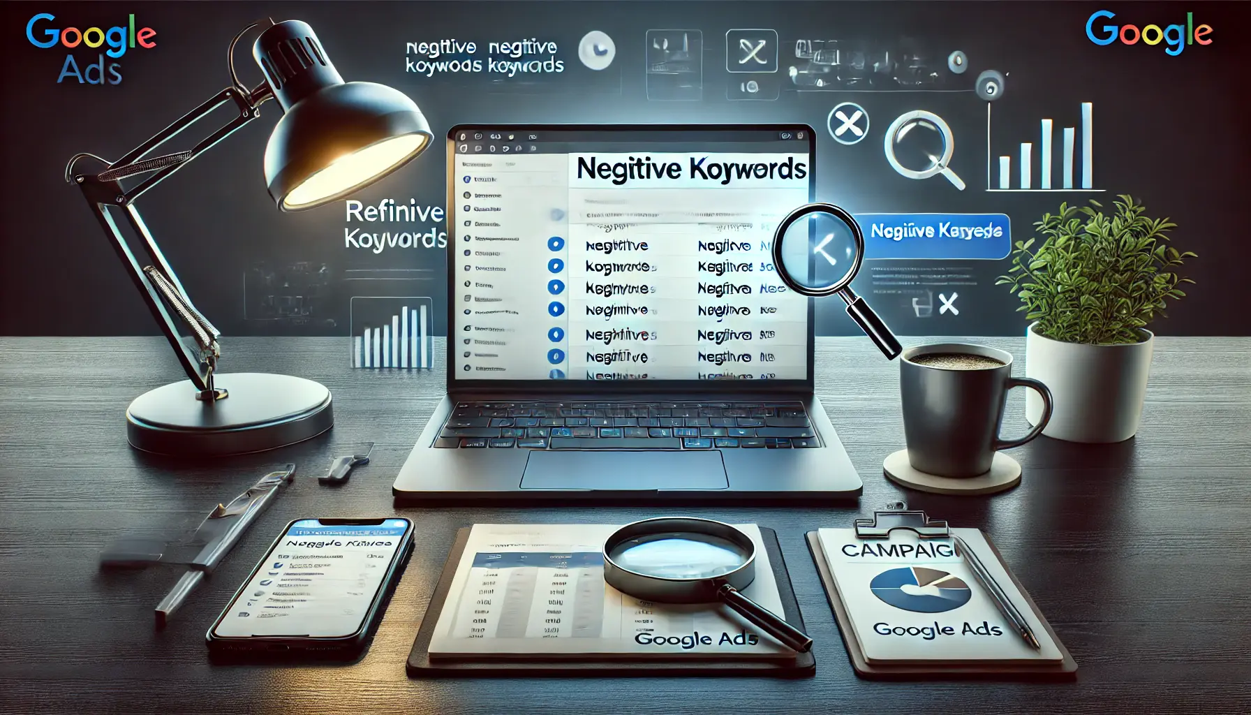 A modern workspace with a laptop displaying a Google Ads interface, highlighting negative keywords in a keyword list.