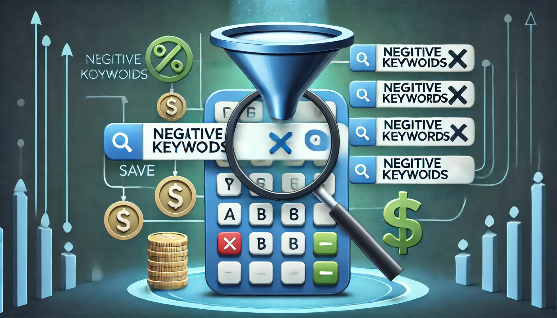 A digital marketing scene showing a search bar with irrelevant keywords crossed out, and a filter symbol narrowing the results, with coins and a budget symbol representing cost savings.