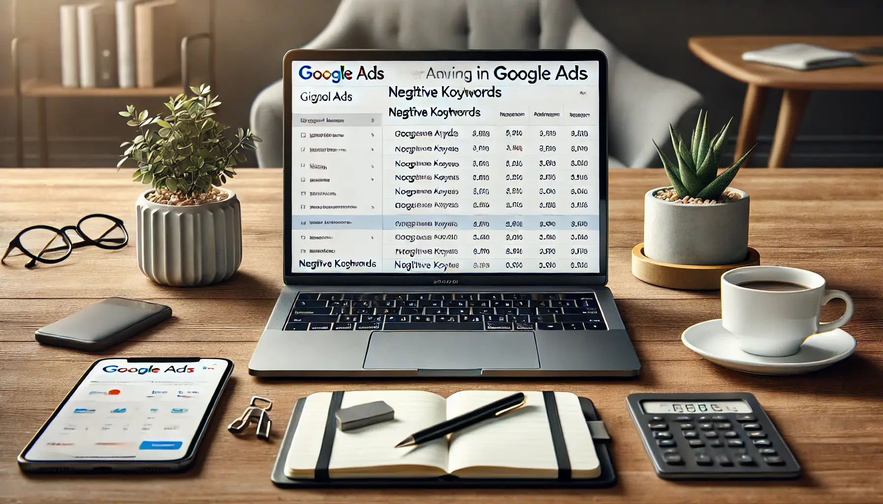 A digital marketing workspace with a laptop displaying keyword performance data and negative keywords in a Google Ads campaign.