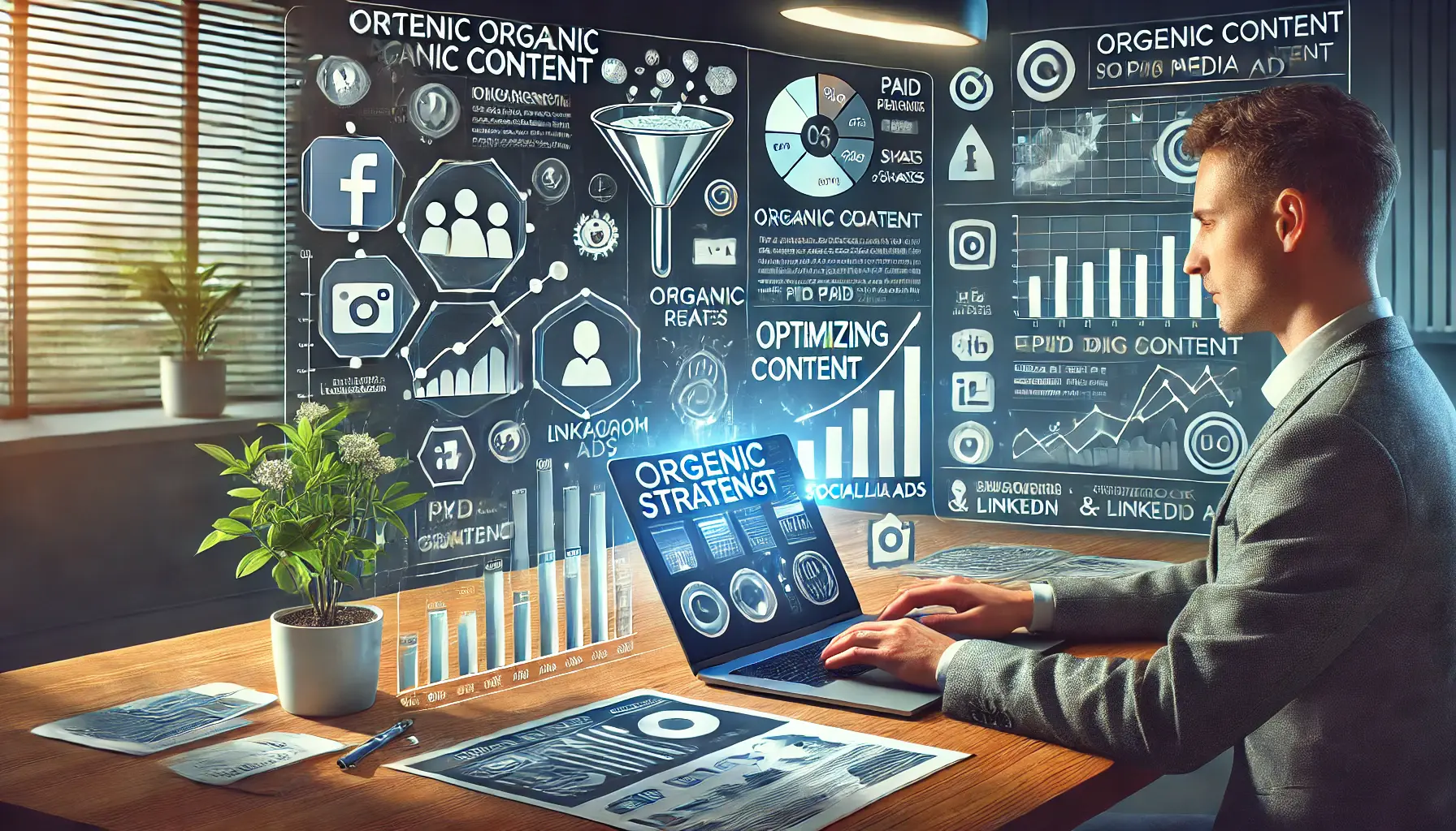 A digital illustration of a modern workspace featuring a laptop displaying a content strategy dashboard with engagement metrics for organic posts and paid advertisements. A marketing professional is optimizing content, with floating elements including social media engagement icons, a funnel representing audience growth, and analytics charts comparing content effectiveness.