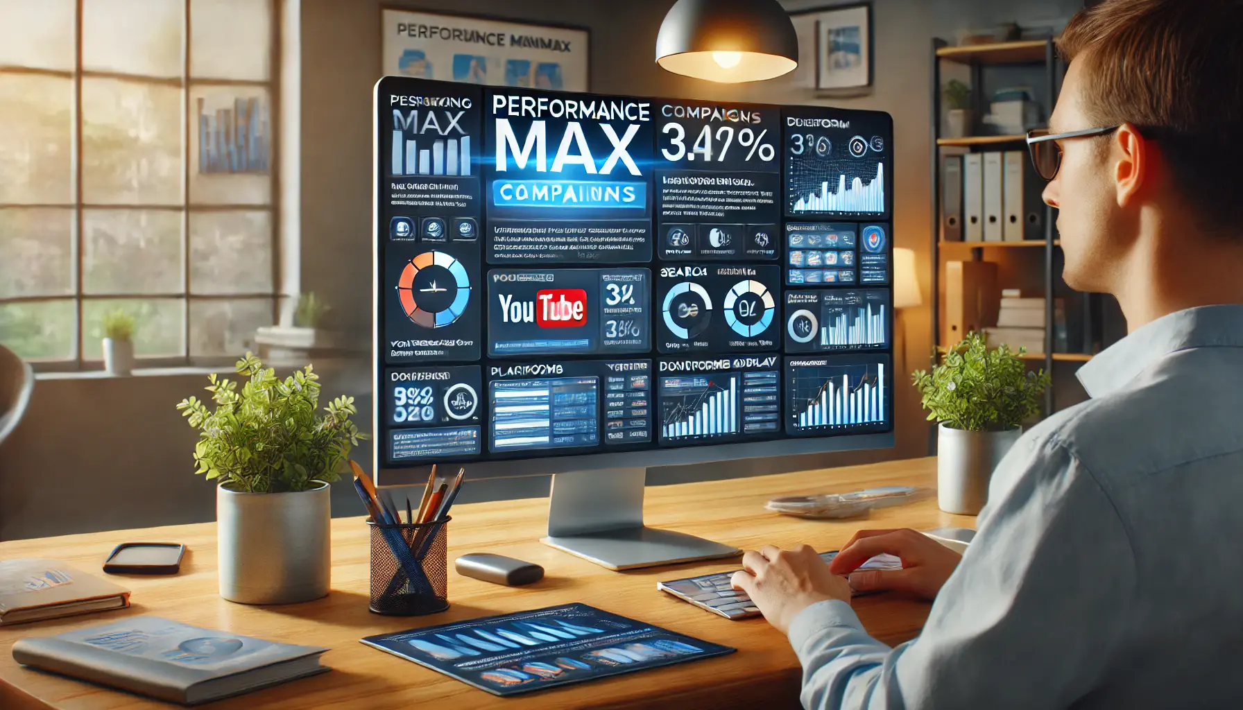 A digital marketing workspace displaying the interface for Performance Max campaigns across multiple platforms.