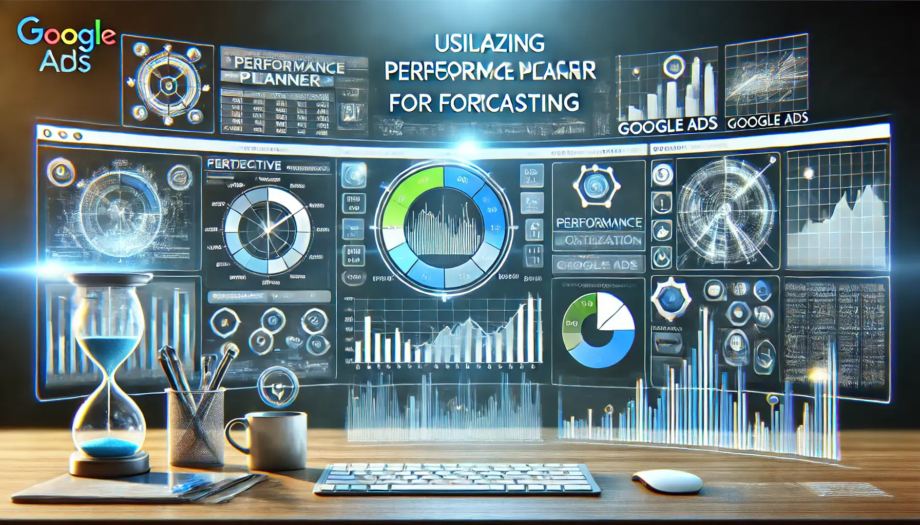 Digital workspace showing forecasting graphs, performance projections, and optimization tools for Google Ads.