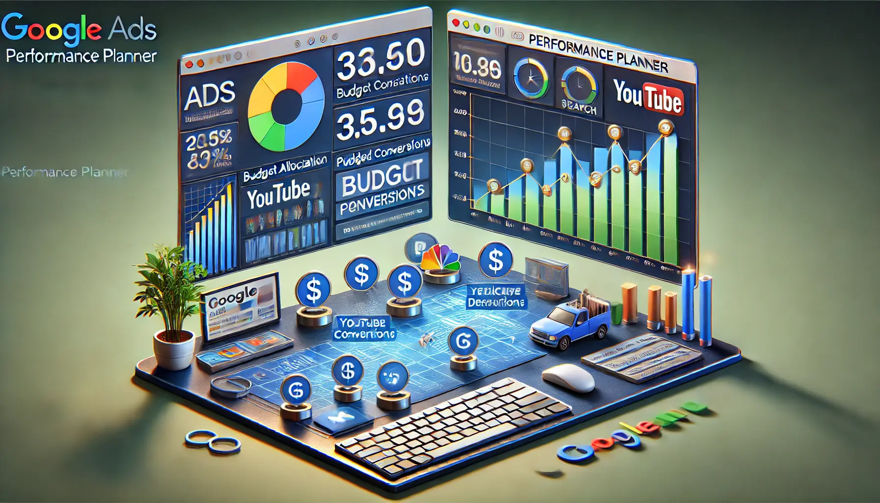 A professional illustration showing a digital workspace with a forecasting tool displaying budget allocation and performance projections for Google Ads campaigns.