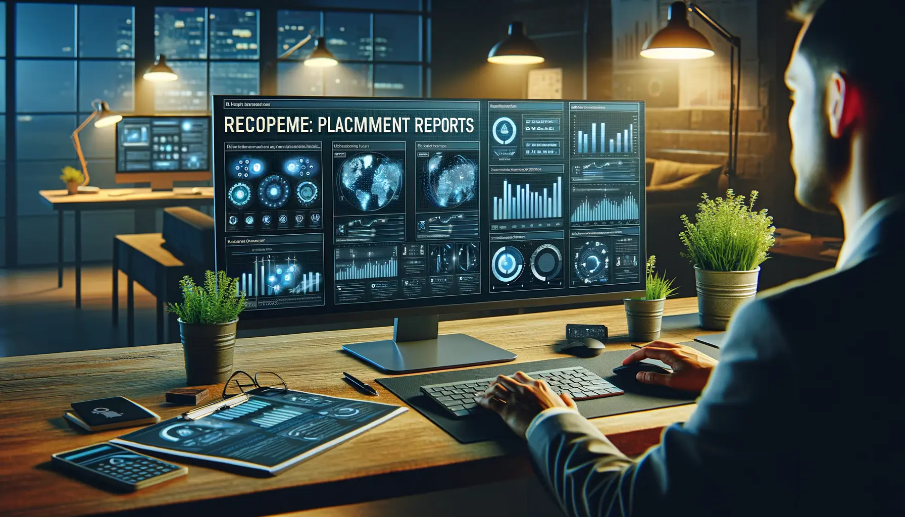 A digital marketing workspace showing a computer screen with detailed placement reports and ad performance metrics.