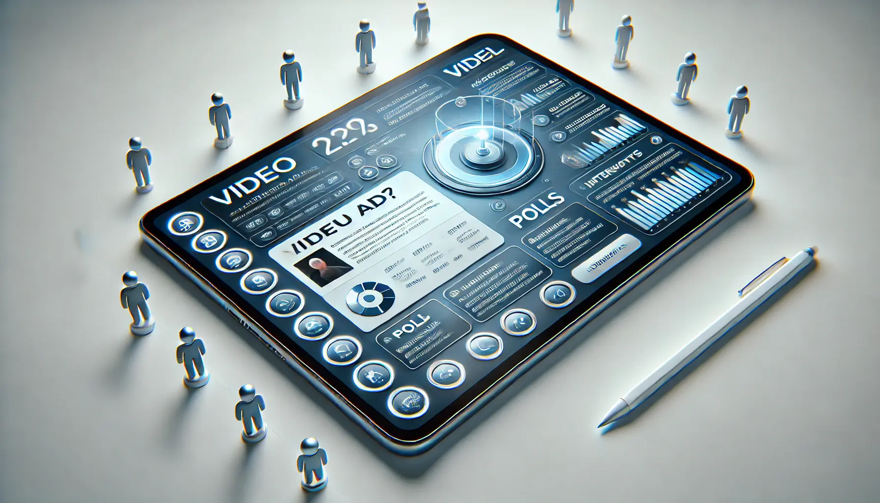 An illustration of a video ad playing on a tablet with interactive polls and survey options displayed on the screen.