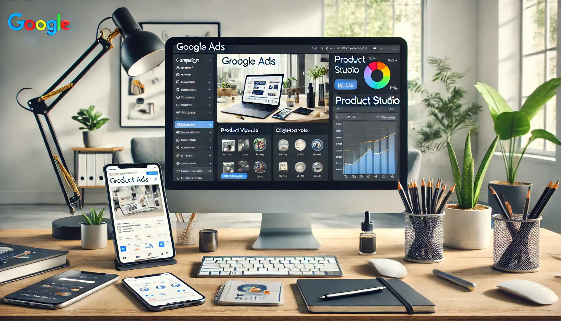 A computer screen displaying a Google Ads dashboard with Product Studio features for campaign setup and product visual enhancements.