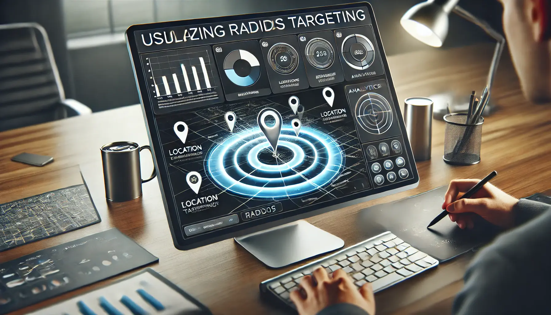 A computer screen showing a map with circular highlighted areas indicating targeted radii and tools for precise radius settings.