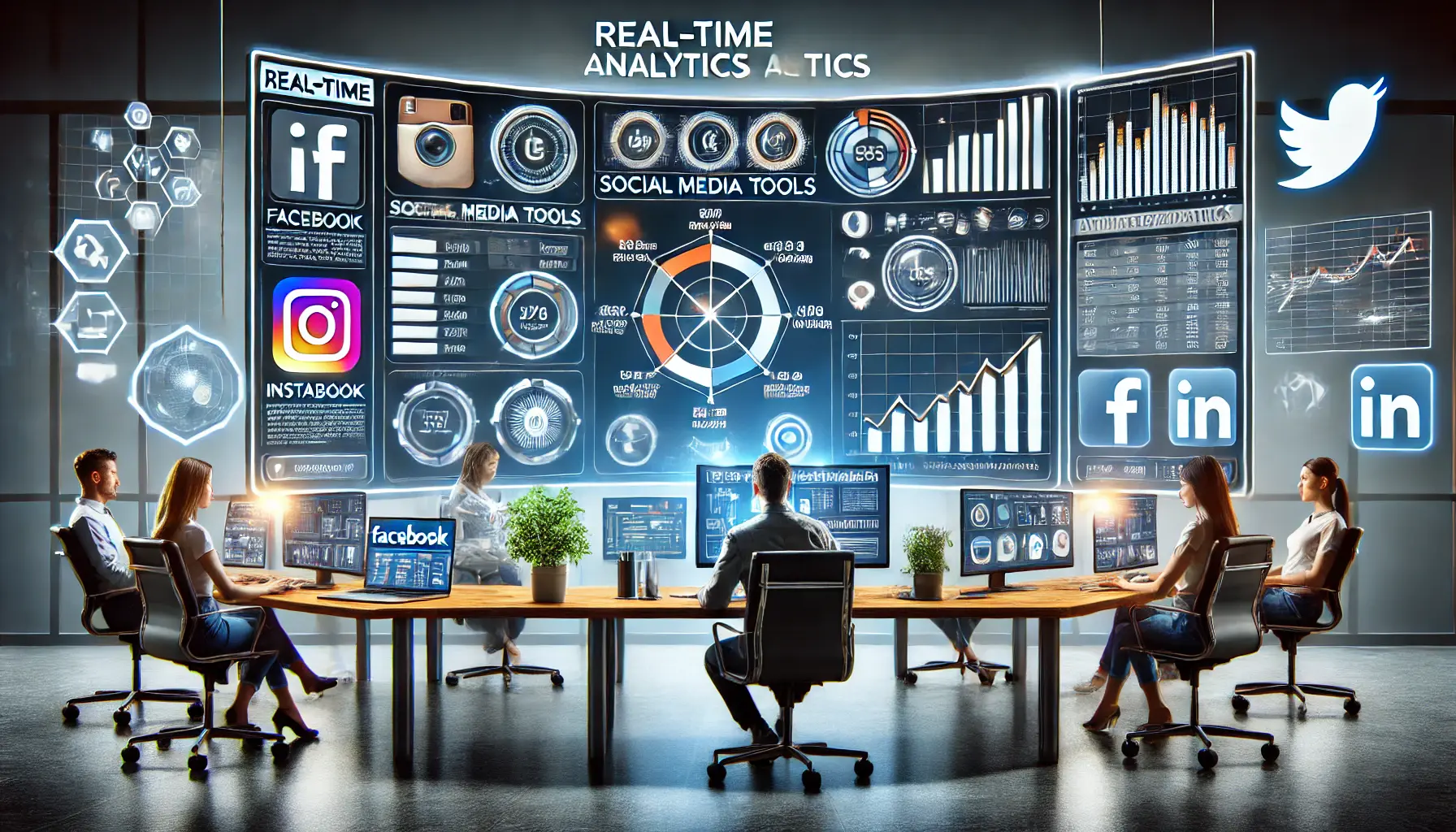 A digital illustration of a marketing workspace with a large monitor displaying real-time data from Facebook, Instagram, LinkedIn, and Twitter. The screen shows live metrics such as engagement rates, conversions, and audience demographics. A marketing professional is analyzing the data, optimizing ad strategies.