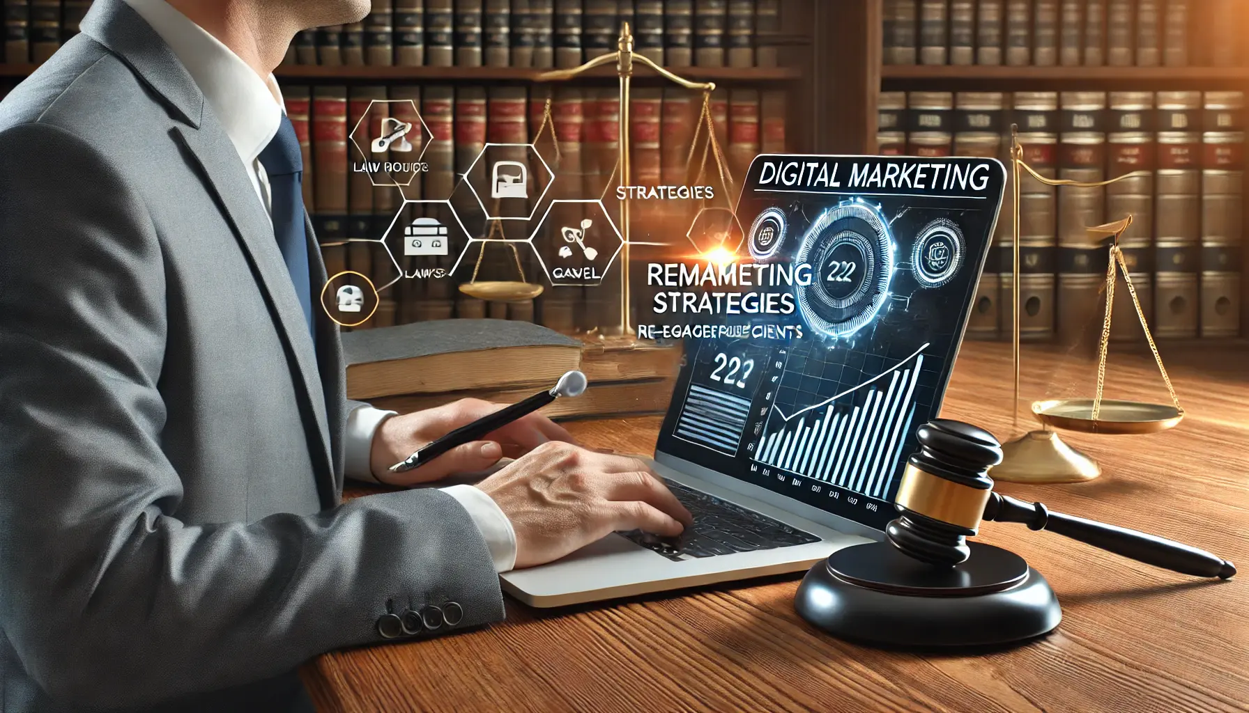 Illustration of a lawyer reviewing remarketing campaign metrics on a laptop, with legal office elements in the background.