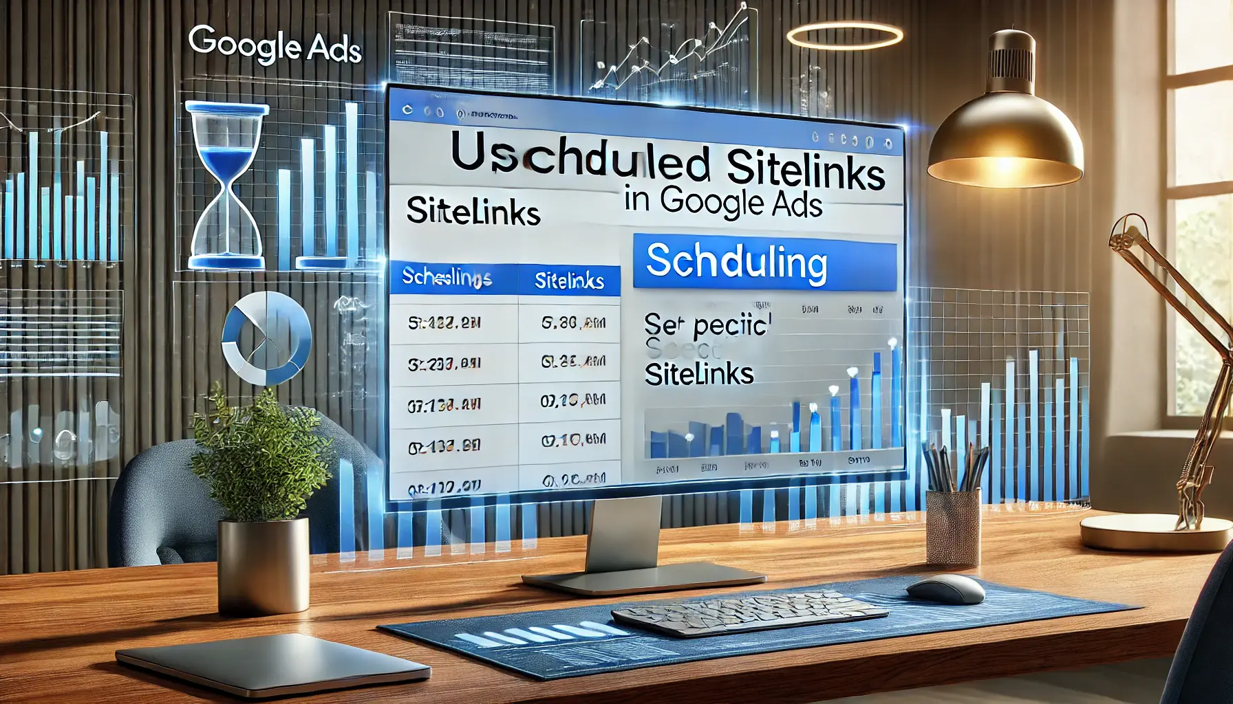 A Google Ads dashboard showing scheduling options for sitelinks, with performance metrics and a professional workspace background.