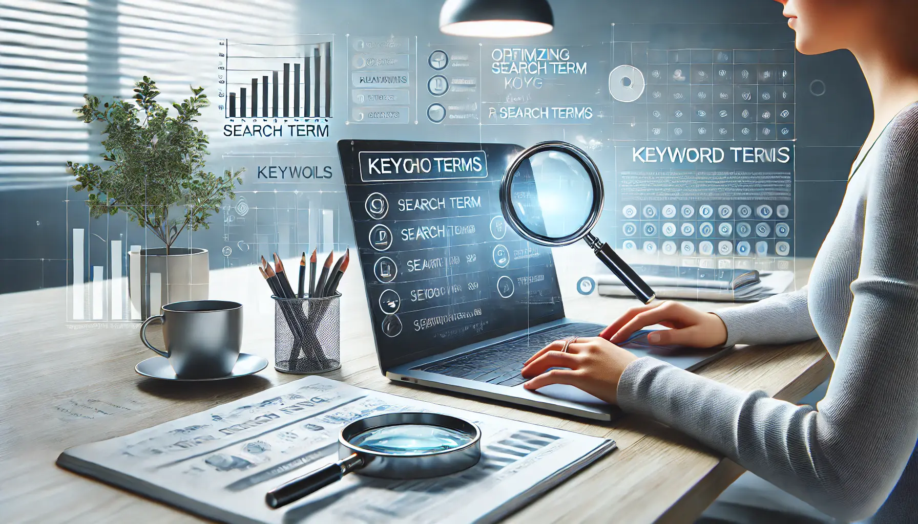 A professional digital marketing workspace showing a person analyzing search term data on a laptop, with keyword lists, charts, and graphs.