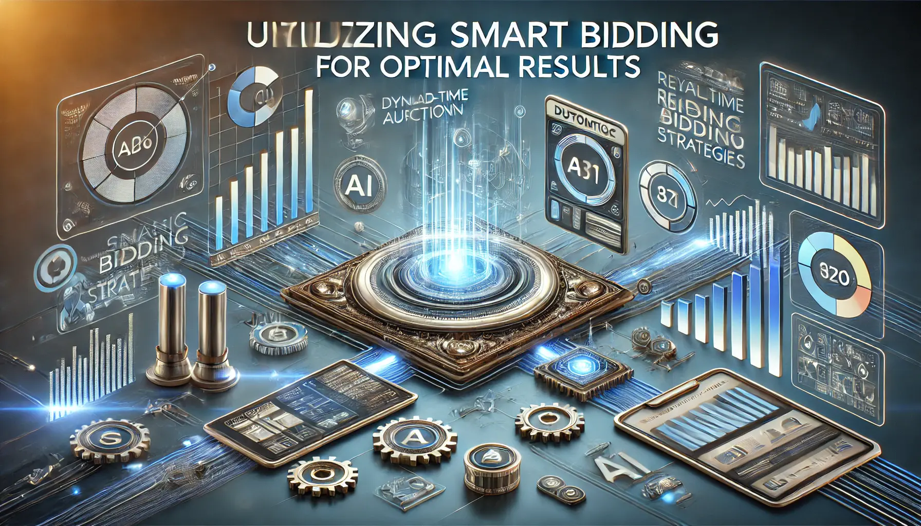 A dynamic depiction of AI-powered smart bidding in digital advertising, featuring real-time bidding adjustments and performance metrics.