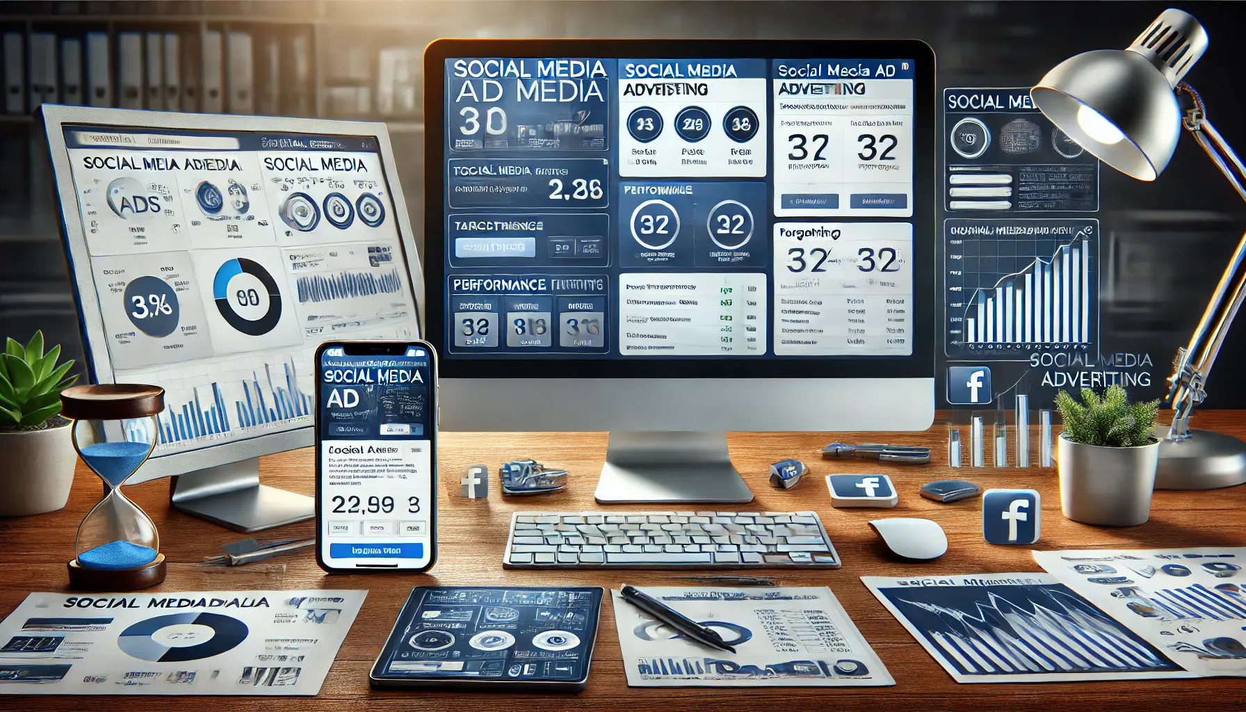 A workspace with a computer displaying social media advertising metrics and targeting options, a smartphone showing a campaign interface, and a tablet with campaign analytics.