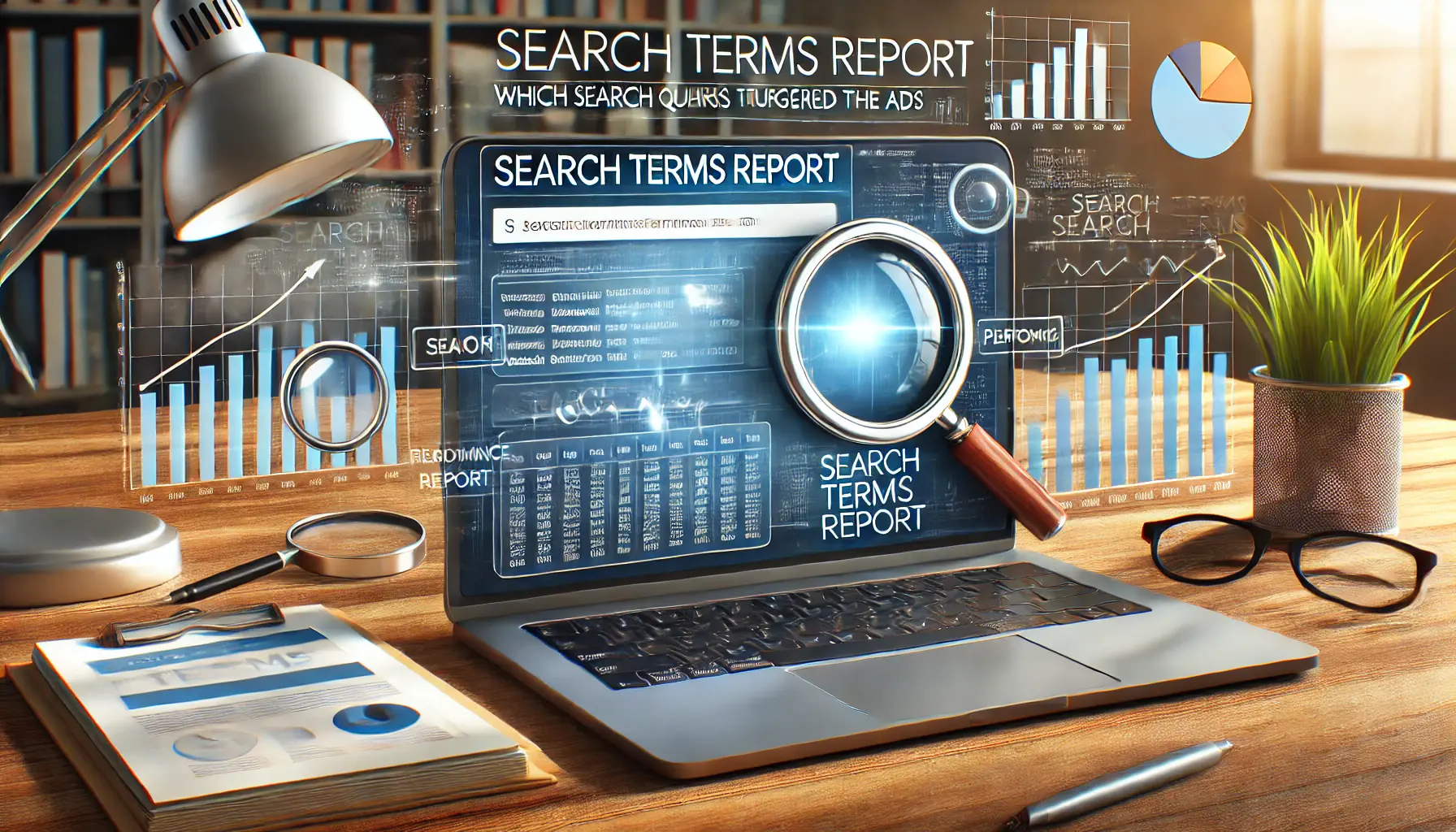 A realistic image of a laptop displaying a digital marketing dashboard with a search terms report, showing data on search queries triggering ads.