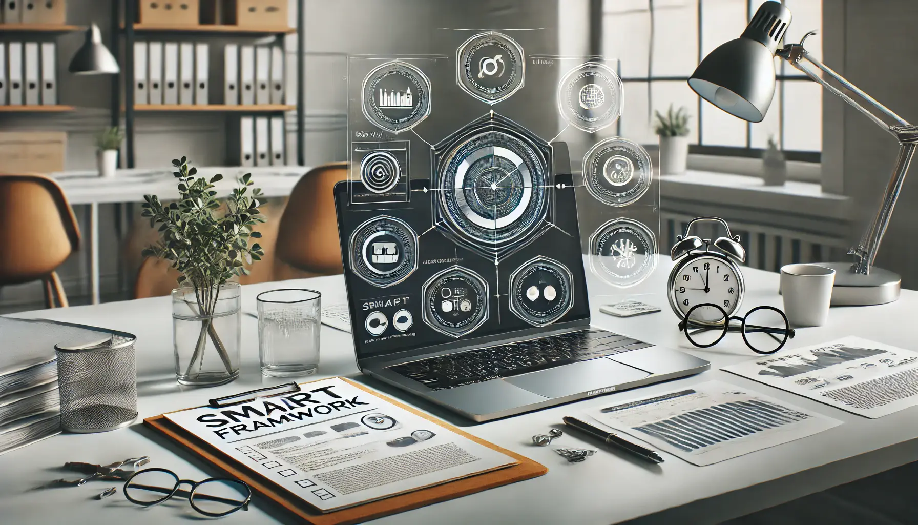 A professional workspace with a laptop, a whiteboard with goal-setting symbols, and charts representing the SMART framework for effective planning.