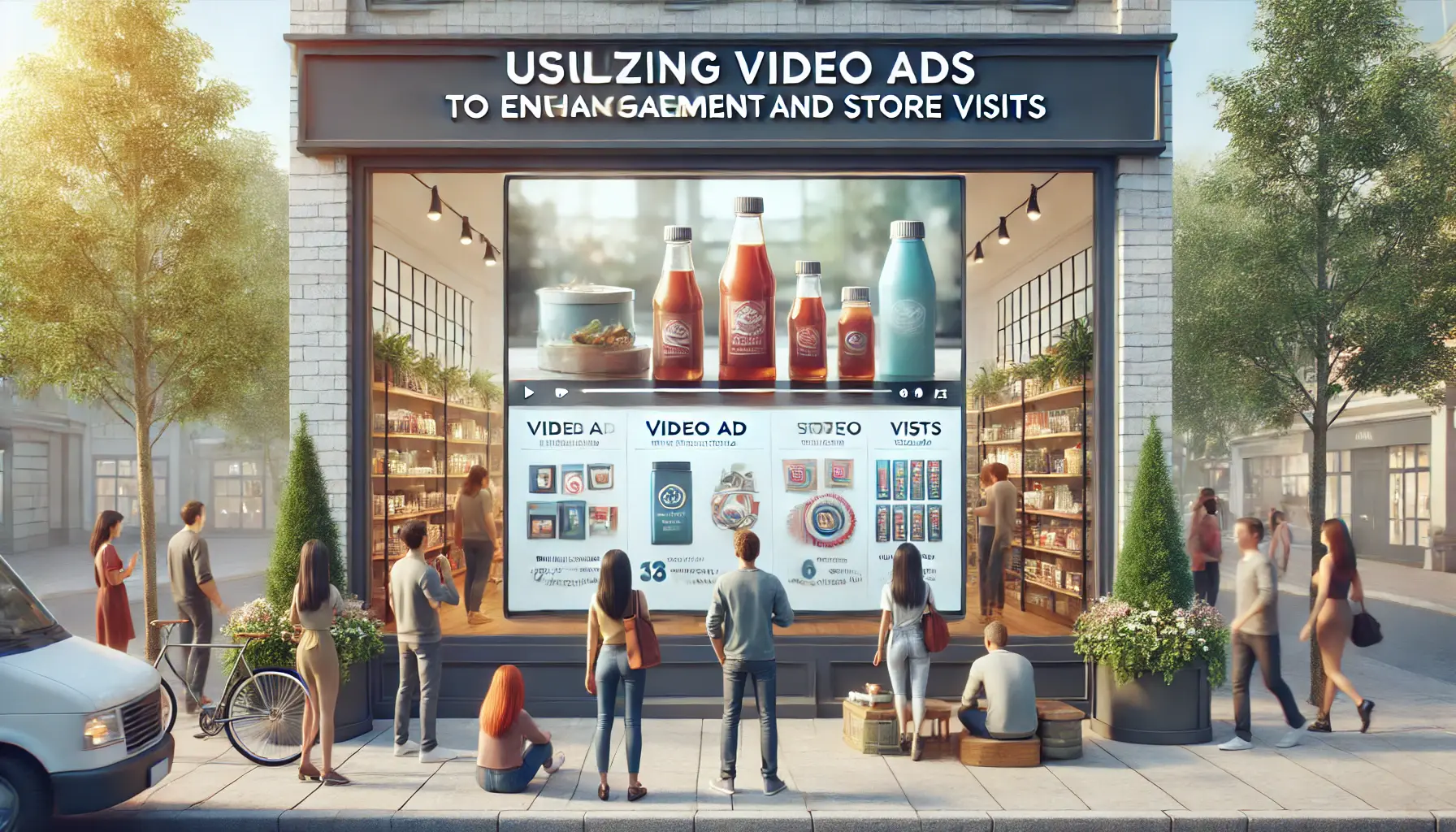 Large video ad screen in a storefront window with people interacting and engaging with the content in a store environment.