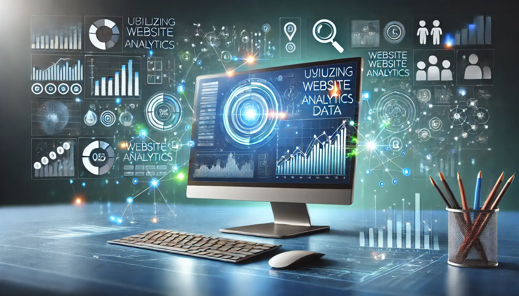 An illustration showcasing the use of website analytics for behavioral data, featuring a monitor with analytics dashboards and interconnected user behavior icons.