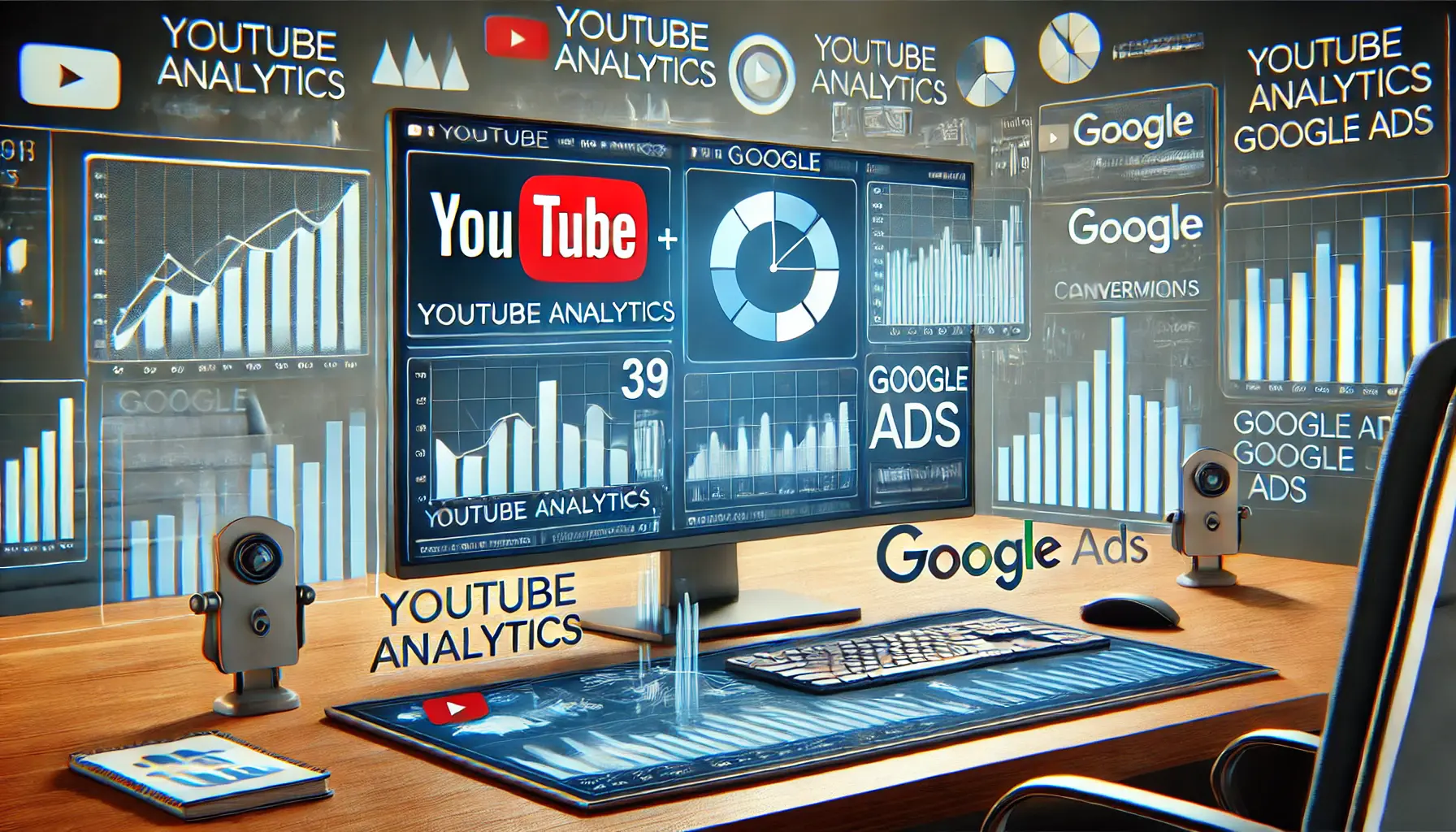 Two digital screens side by side, one showing YouTube Analytics with audience data and the other displaying Google Ads campaign metrics.