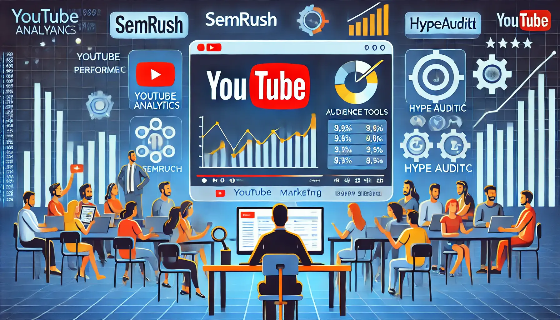 An illustration showing a marketer analyzing YouTube Analytics and third-party tools on a computer screen with performance data and insights.