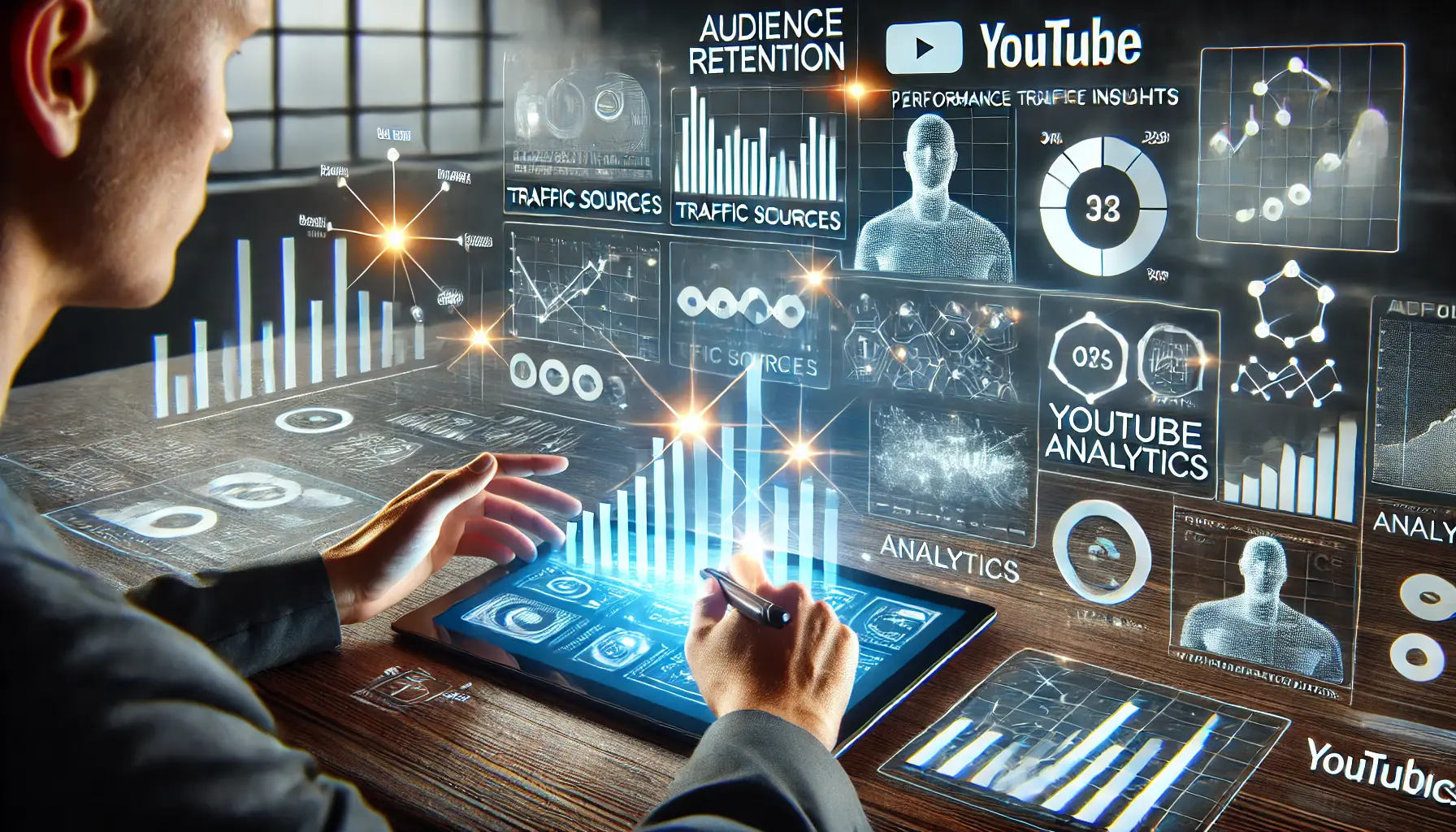 A person analyzing YouTube Analytics on a tablet or laptop, with graphs displaying metrics like audience retention, traffic sources, and demographics.