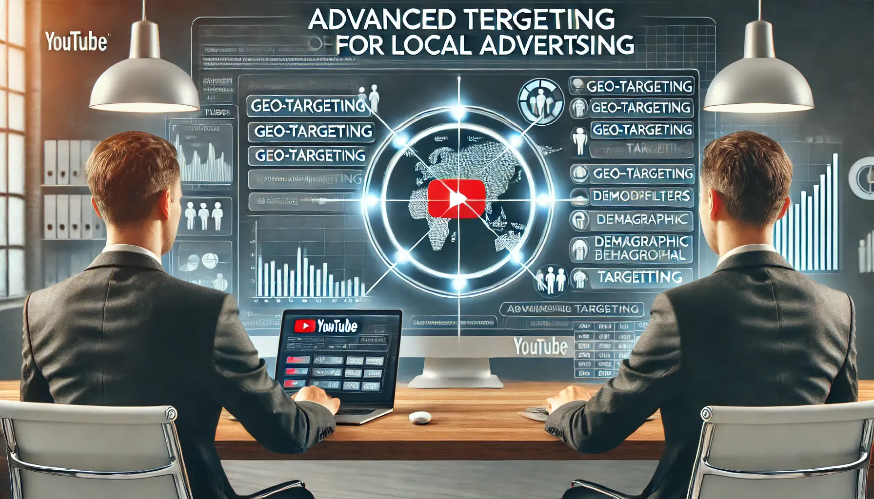 A digital marketing professional using YouTube's ad platform with advanced targeting features visible on the laptop screen, including geo-targeting, demographic filters, and behavioral targeting.