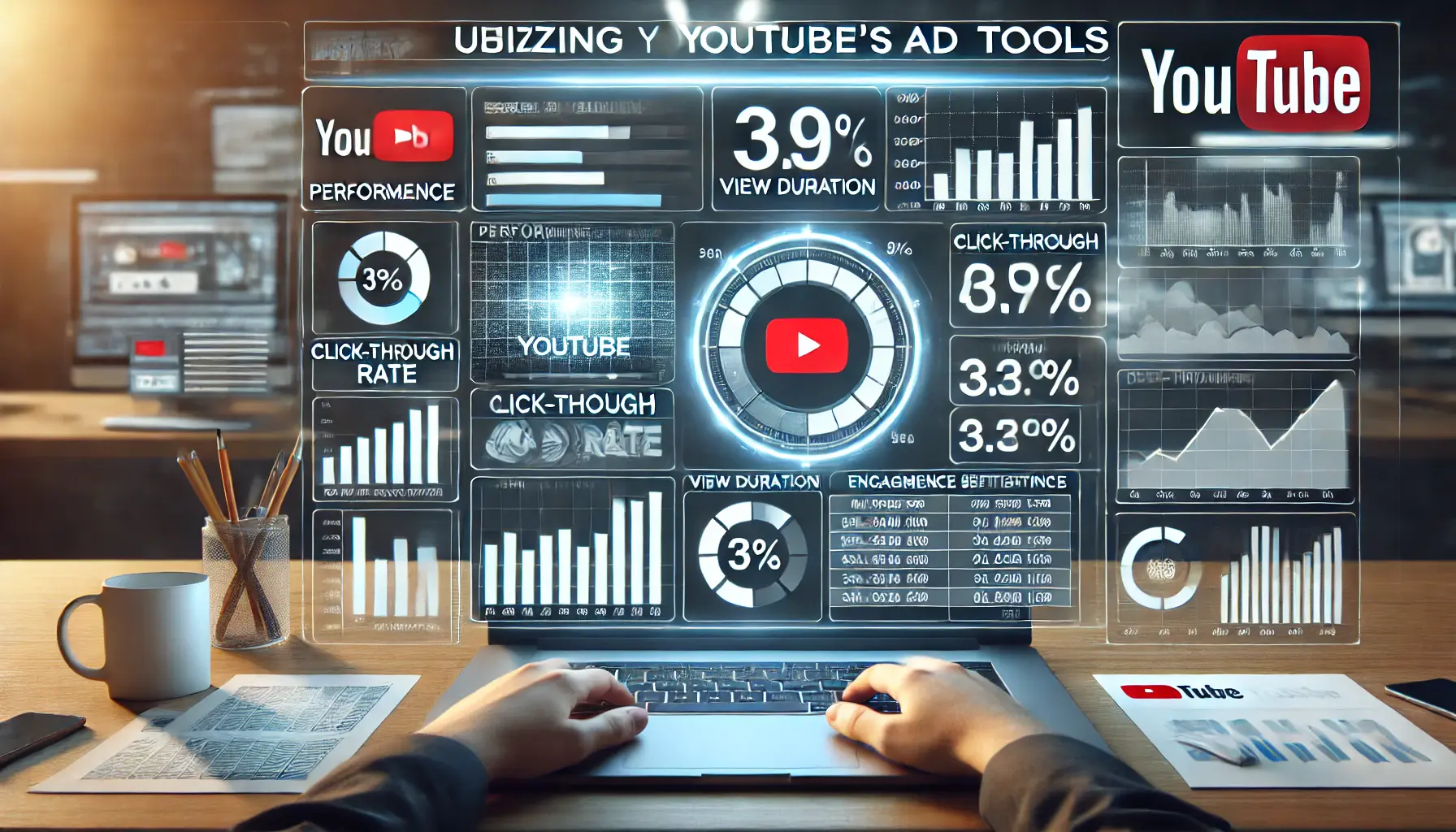 A visual representation of utilizing YouTube's analytical tools, showing a digital dashboard with performance metrics and a marketer analyzing the data.