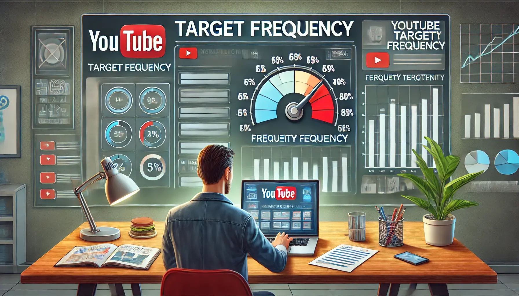 A marketer working on a laptop with a YouTube campaign dashboard, displaying a frequency targeting tool with a dial and bar chart to control ad exposures.