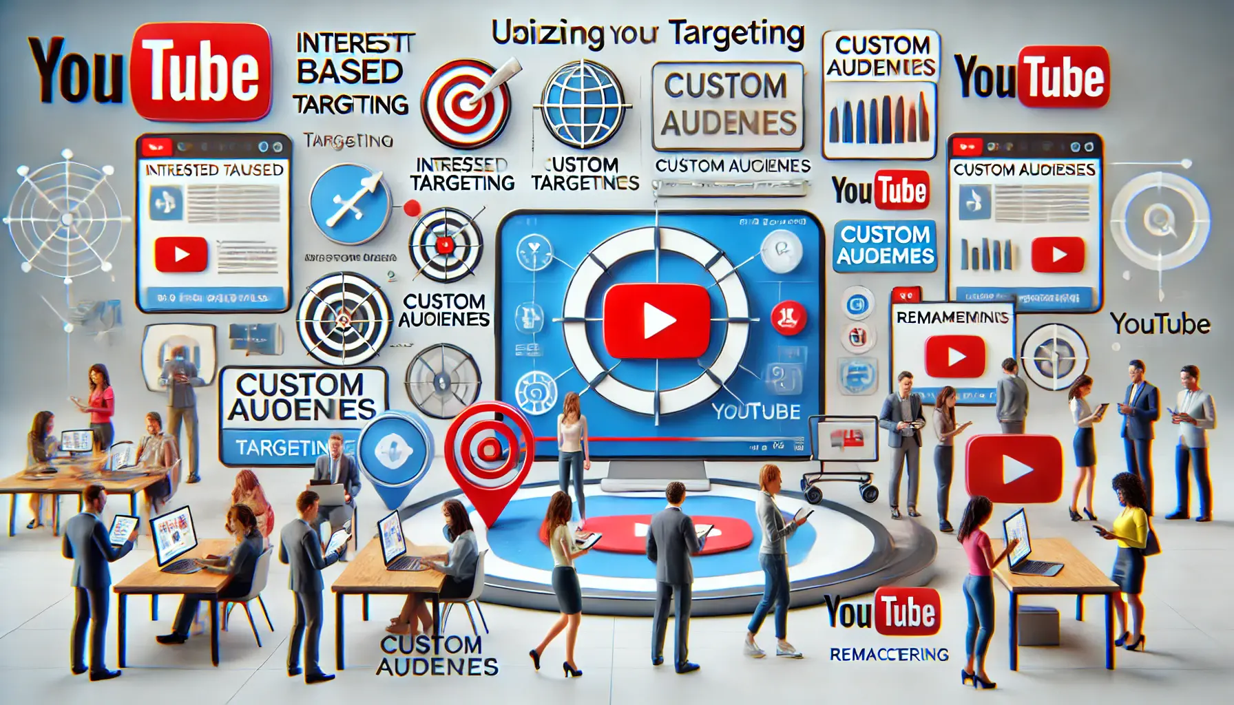 A visual representation of utilizing YouTube's targeting features for advertising, showing targeting options and diverse individuals interacting with ads.