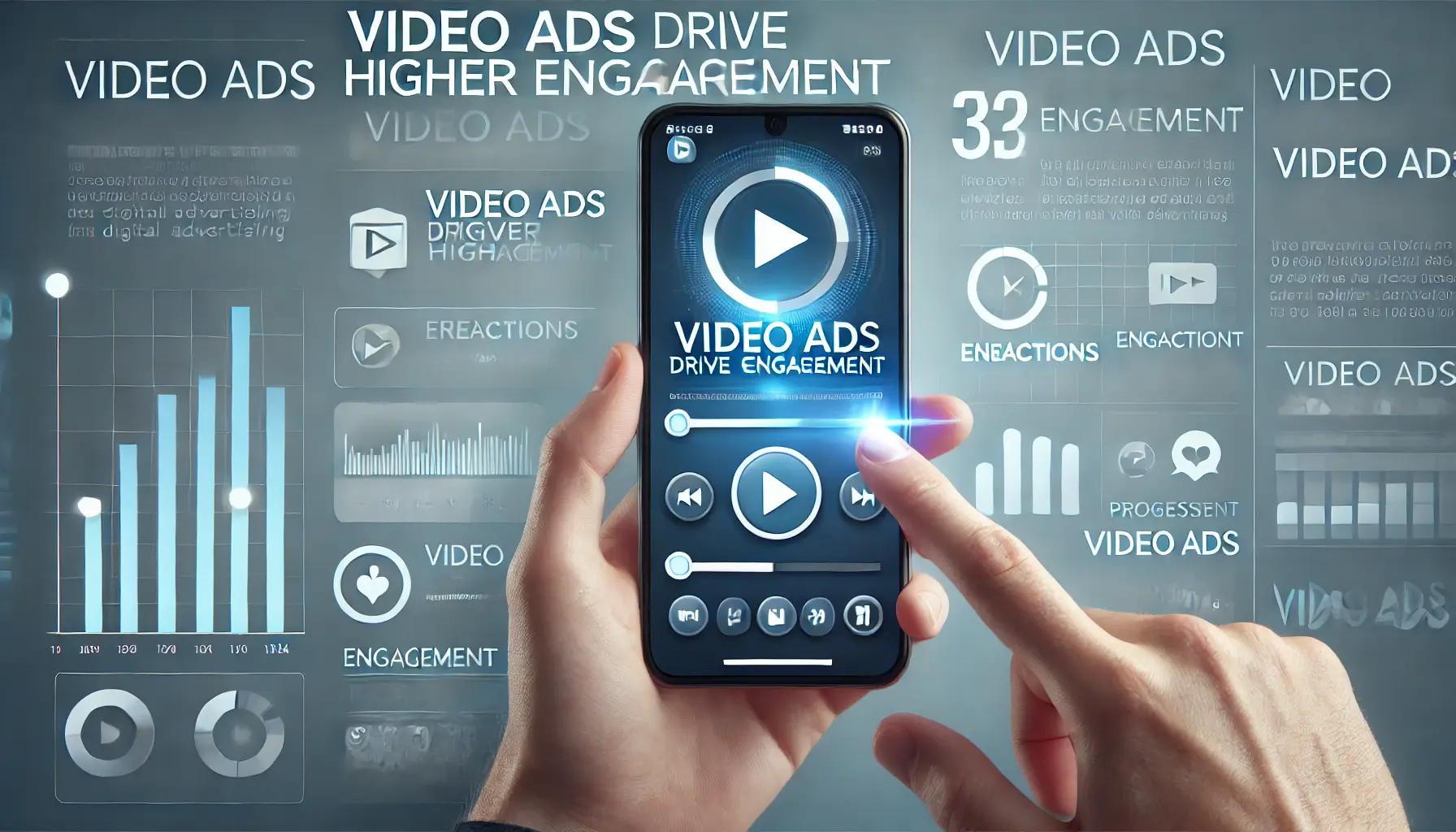 Illustration of video ads driving engagement with a smartphone displaying a video ad, play icons, and engagement metrics.