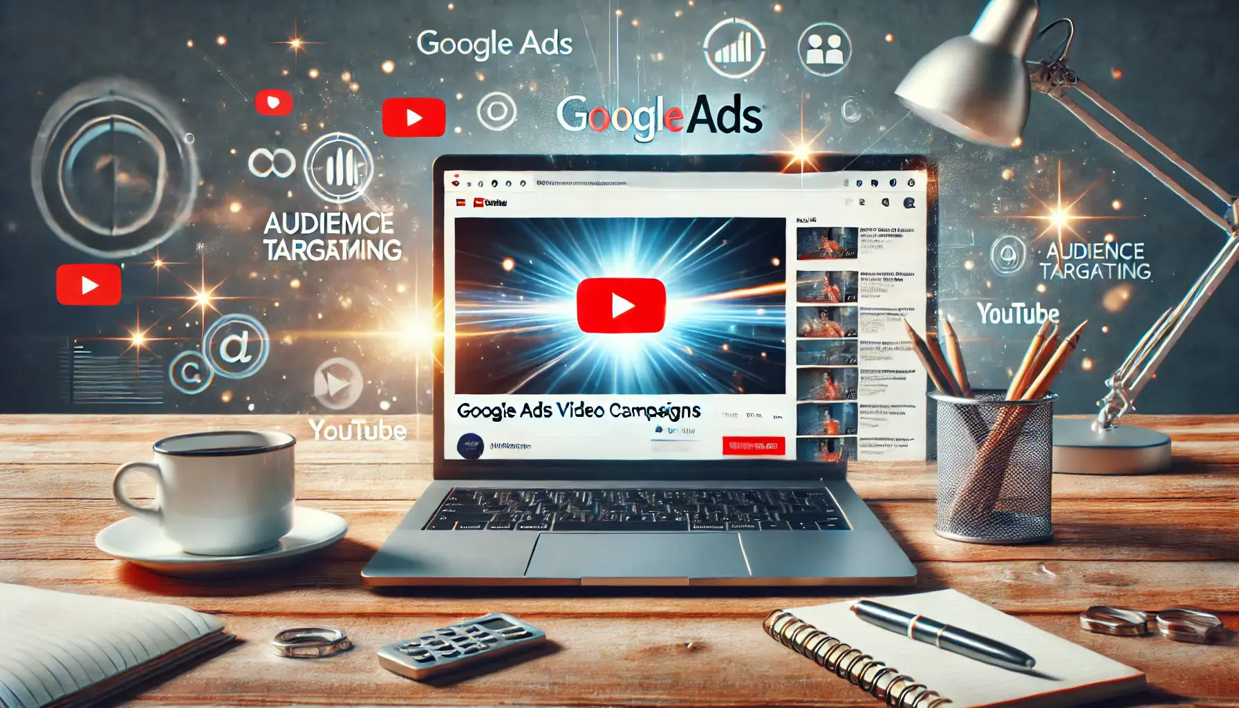 A laptop screen showing a YouTube video playing an ad, with digital icons representing engagement like likes and shares.