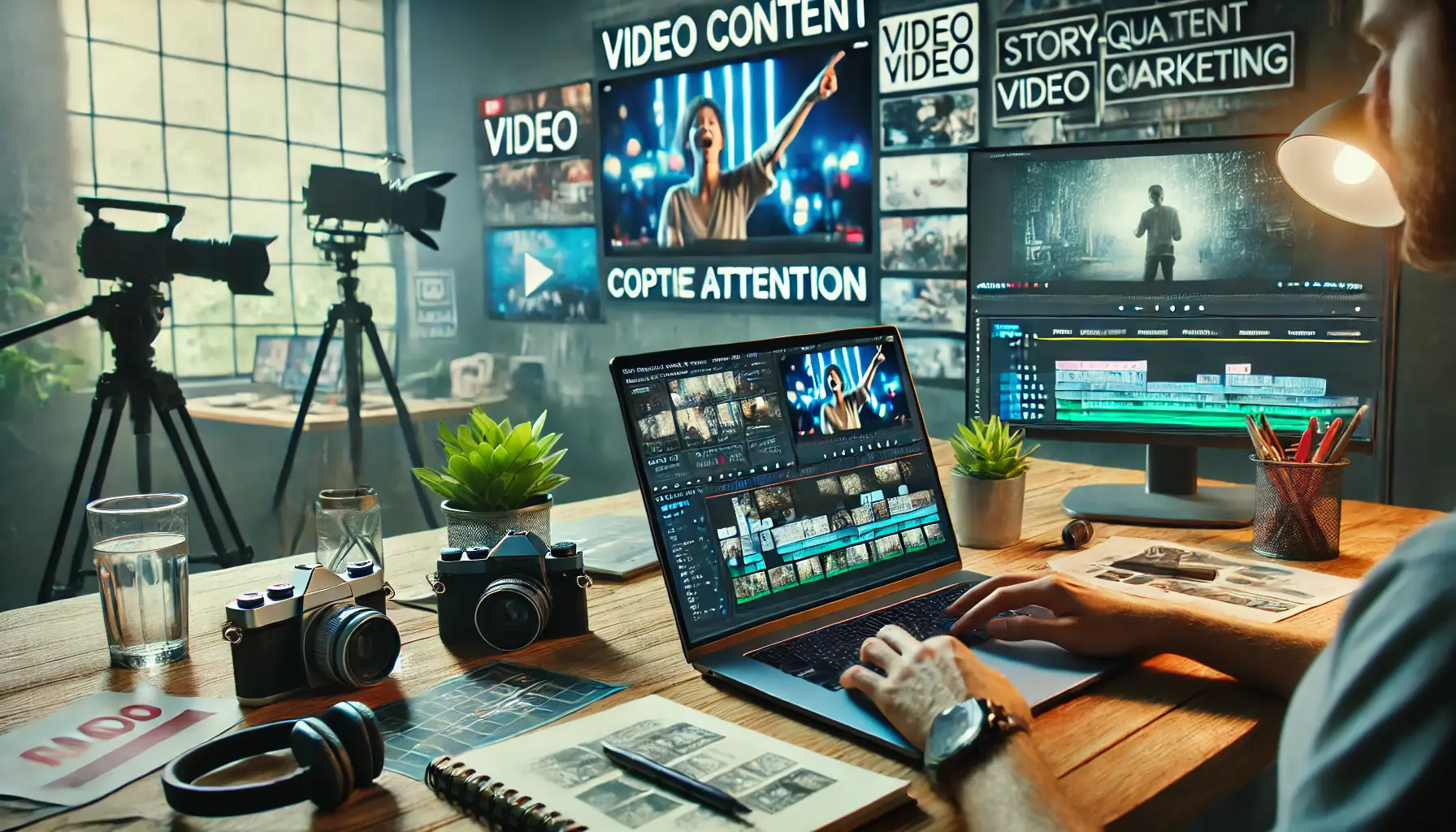 A workspace with a laptop displaying a video ad being edited, a large screen showing video playback, and video production equipment like a camera, microphone, and headphones.