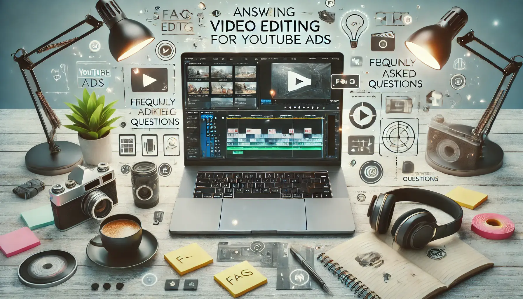 A workspace with a laptop displaying video editing tools, surrounded by post-it notes, a camera, and headphones for brainstorming.