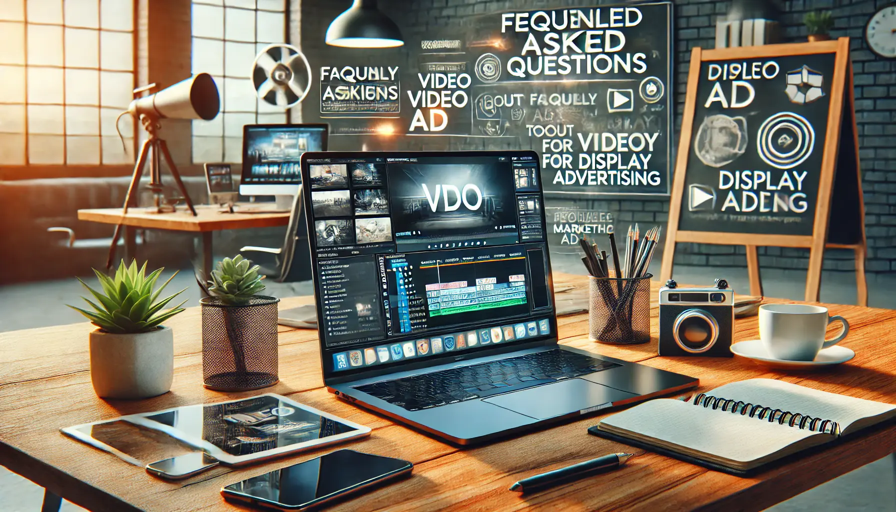 Professional workspace with a laptop displaying video editing software and marketing tools for display advertising.