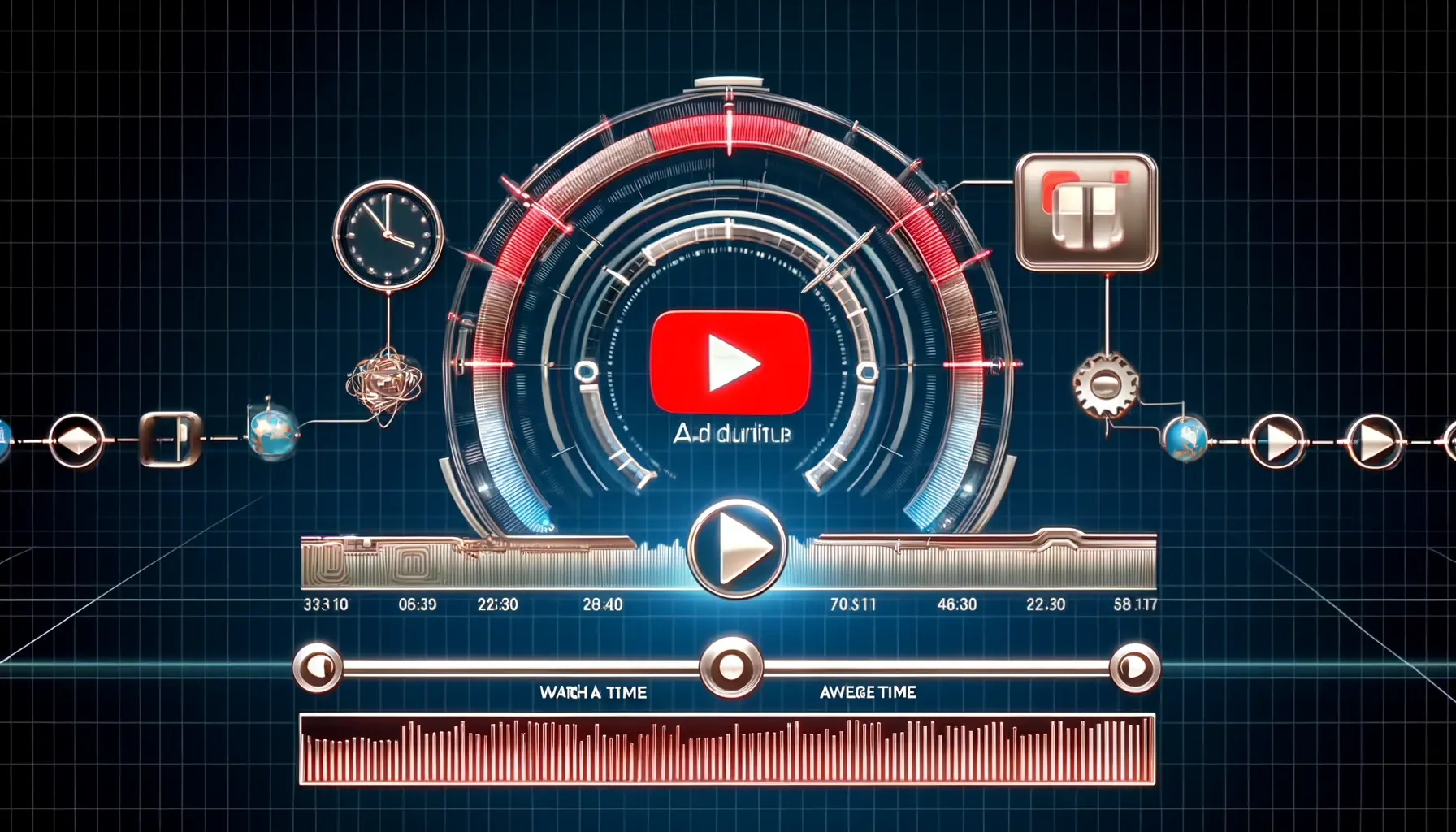 An illustration of a digital interface showing video timeline progression and markers indicating key moments of engagement, representing view duration and average watch time.