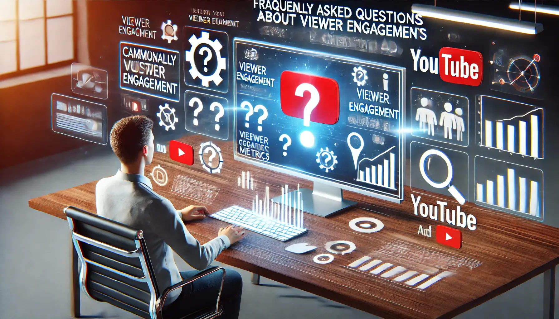 An illustration showing a person interacting with a computer screen displaying icons of frequently asked questions about viewer engagement, such as question marks and data charts.