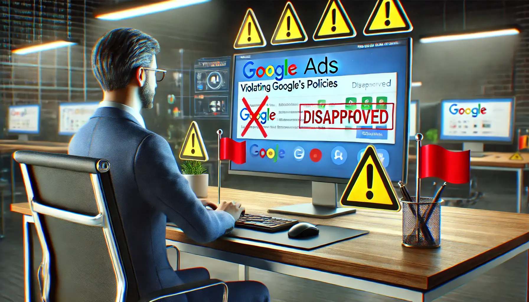 A digital marketing professional viewing a Google Ads campaign flagged for policy violations with warning signs and cautionary symbols on the screen.