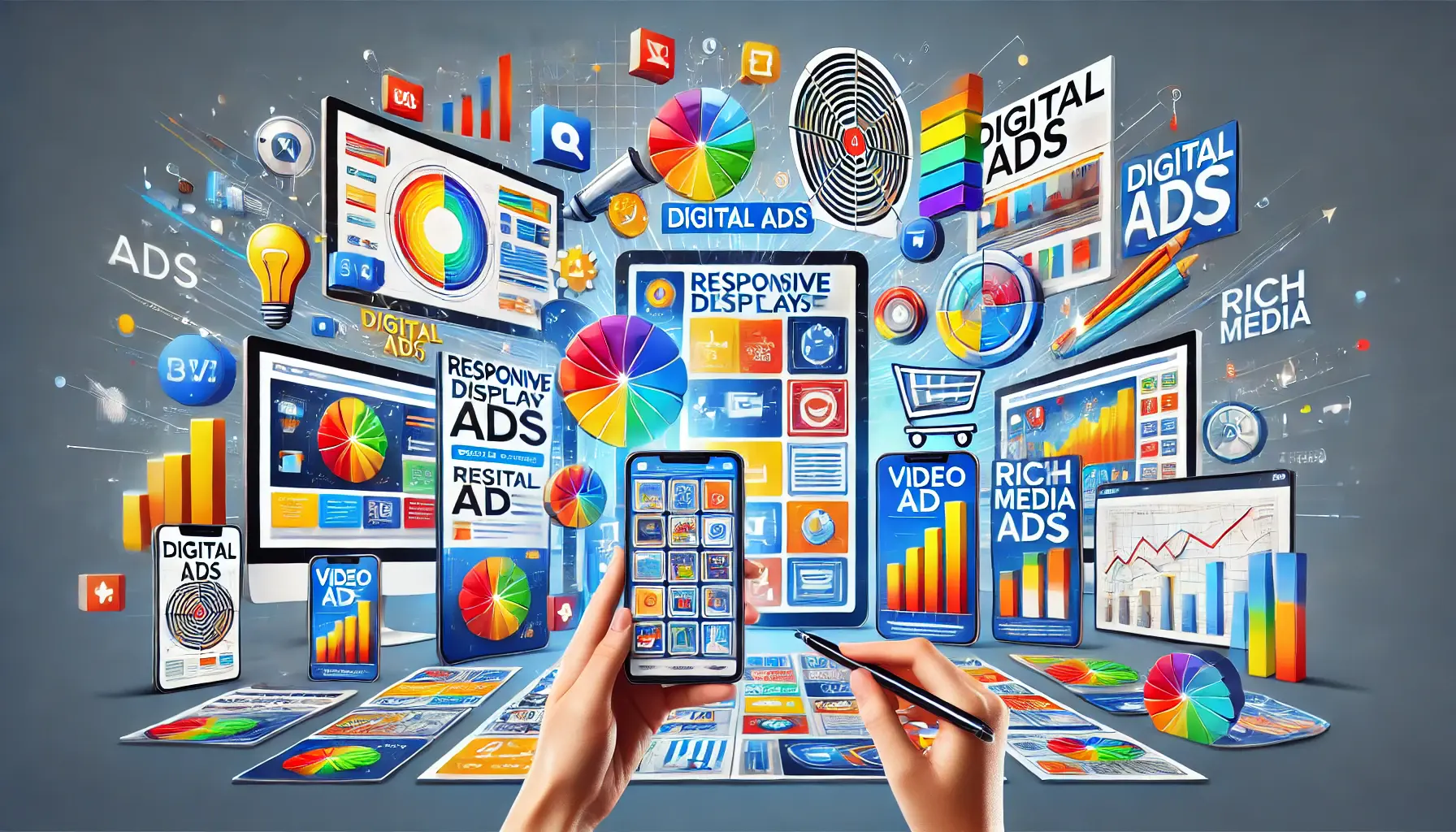 An image showing a variety of digital ad formats, including responsive display ads, video ads, and rich media ads, adapting seamlessly to different devices like desktop, tablet, and mobile.