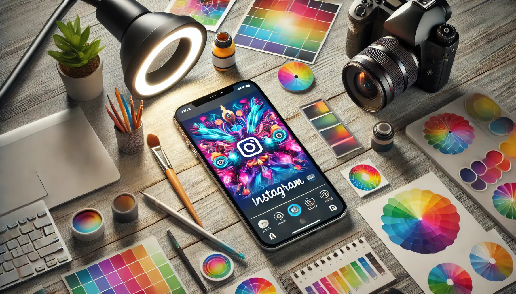 A smartphone displaying a vibrant Instagram ad surrounded by a ring light, color swatches, a DSLR camera, and design sketches, showcasing the importance of visual appeal.