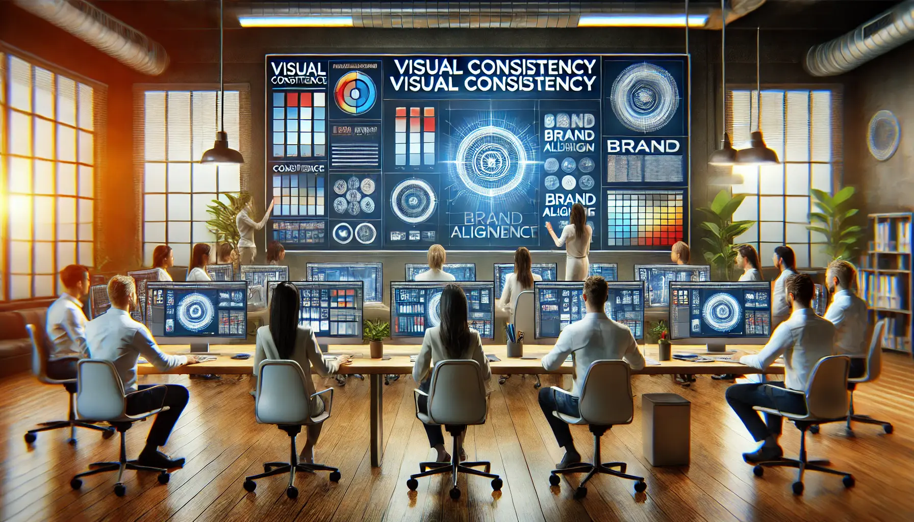 Marketers aligning design elements on multiple digital screens with consistent branding visuals in a modern workspace.