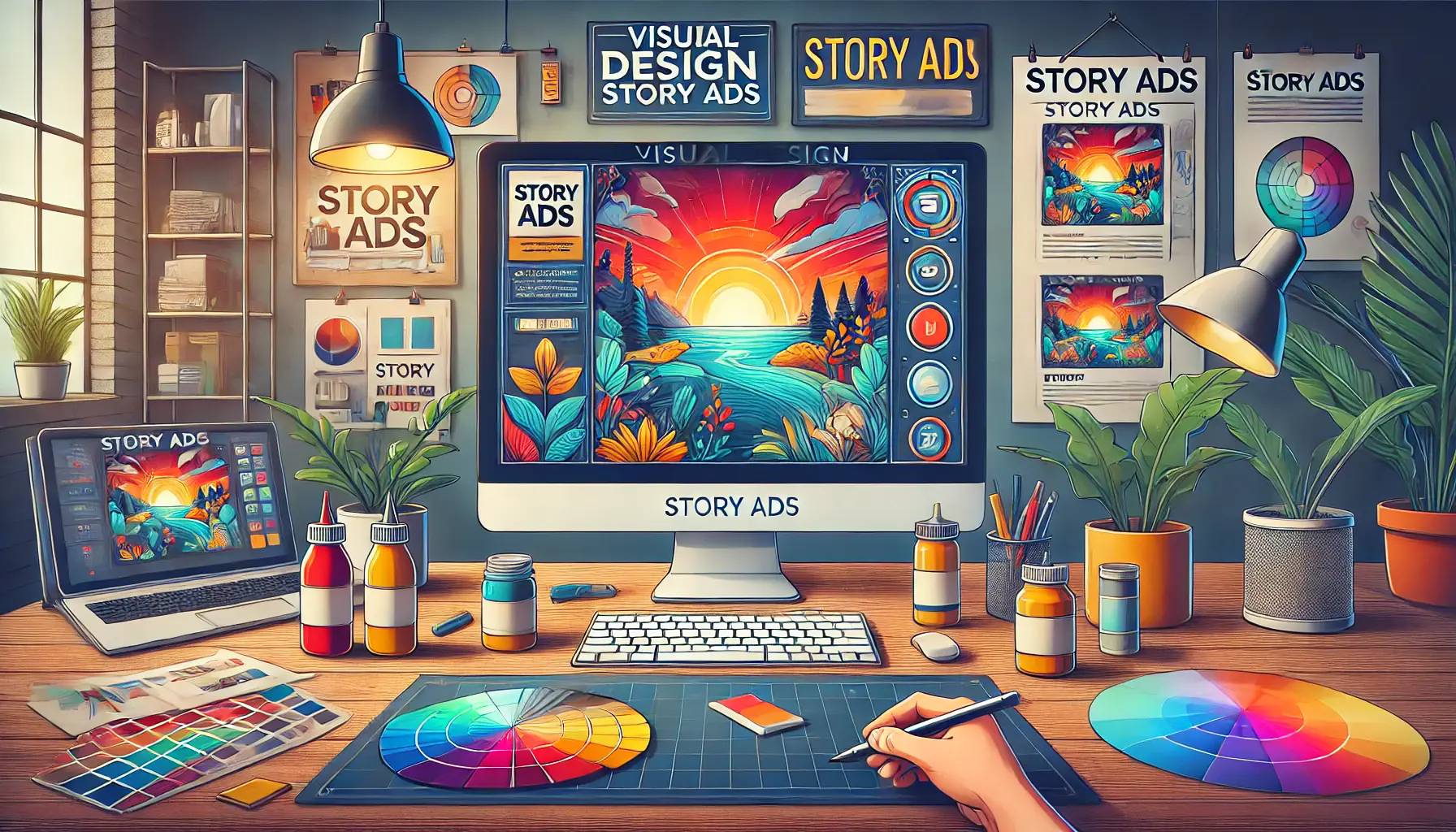 A designer's workspace with a computer screen displaying a vibrant story ad design, surrounded by design tools and color swatches.