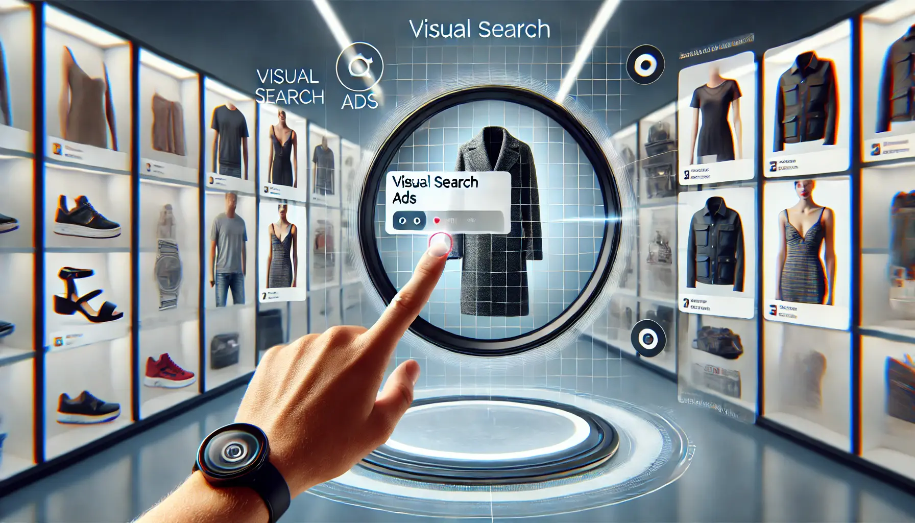 A user interacting with Google Lens to find products through visual search ads, showing matching results on a digital screen.