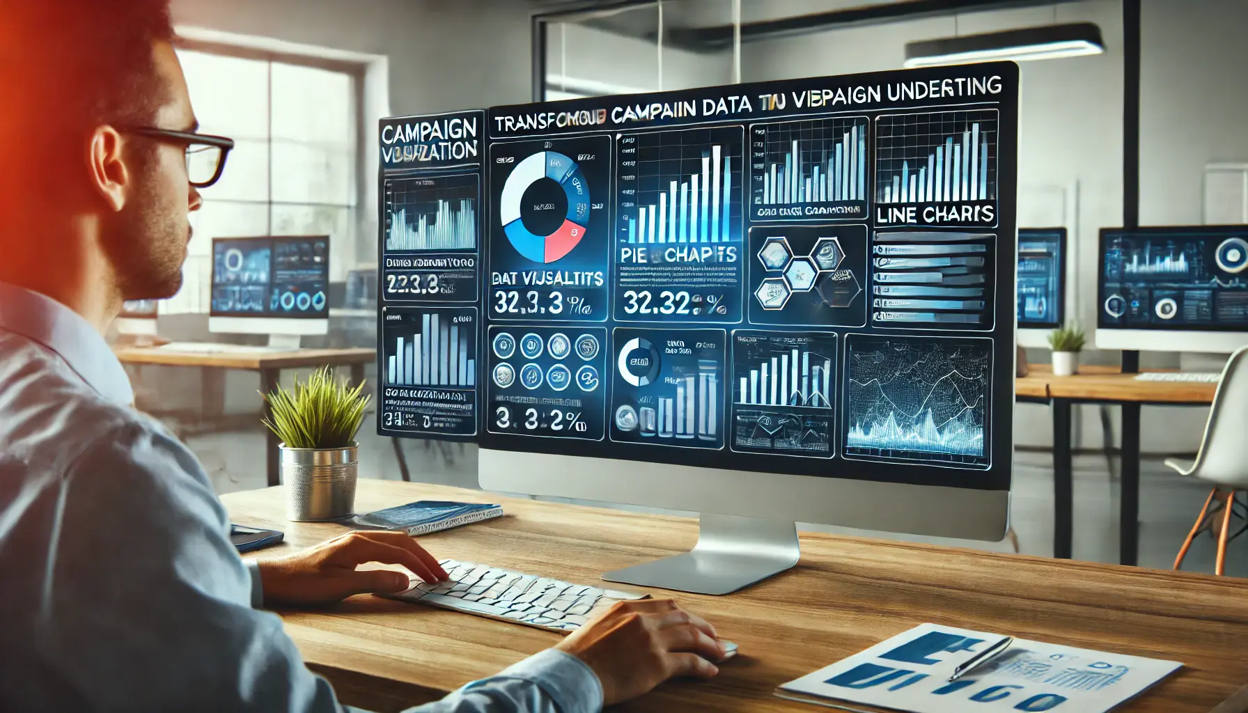 Digital marketer visualizing campaign data using charts and graphs on a computer screen.