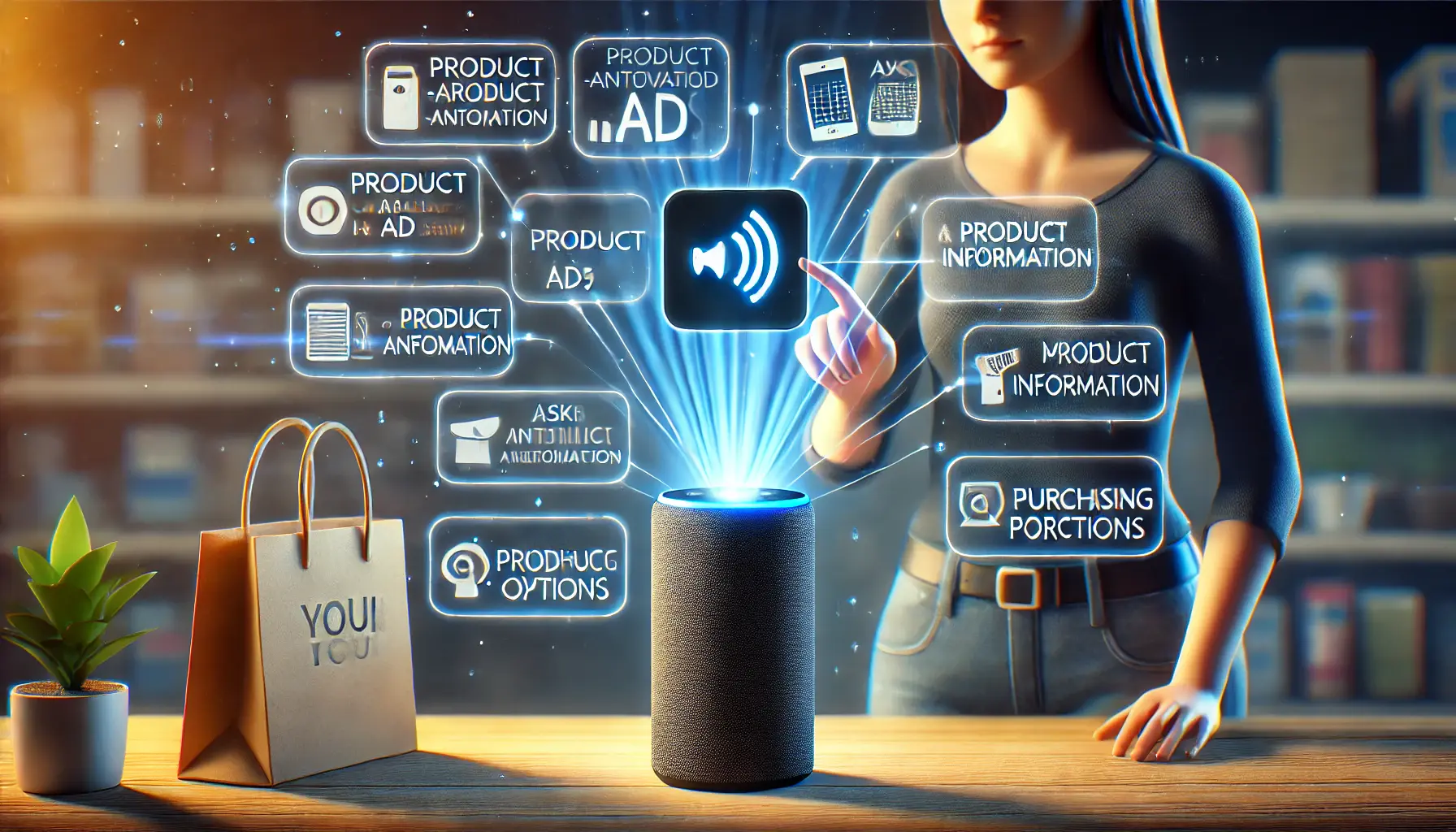 An illustration showing a user interacting with a voice-activated ad through a smart speaker or mobile device, receiving product information or making a purchase.