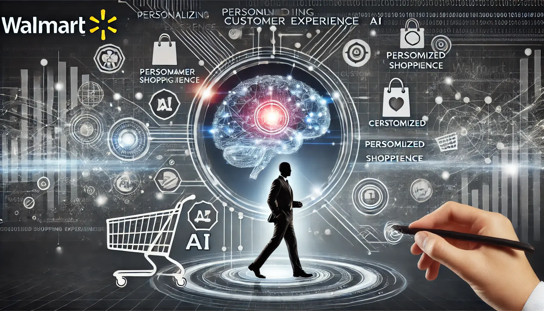 Illustration representing Walmart's use of AI to personalize customer experience, with elements like AI-driven shopping journeys and customized recommendations.