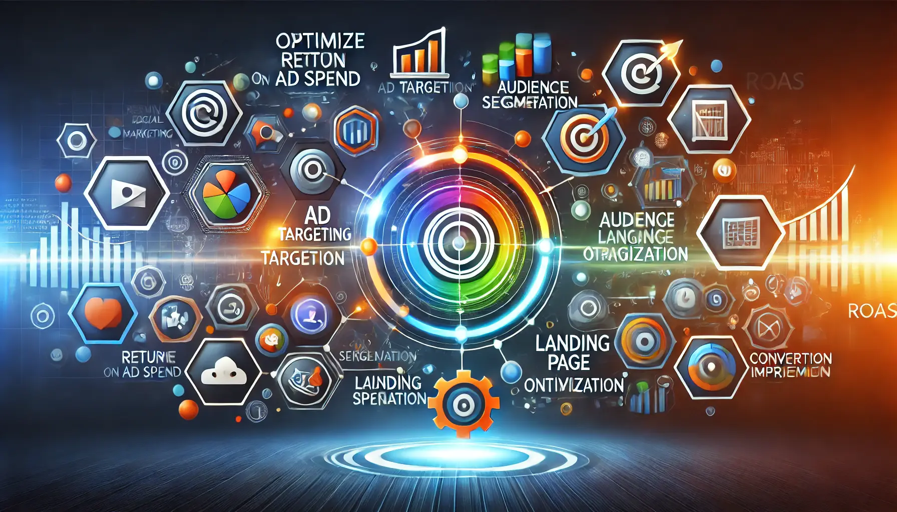 Circular flow of interconnected icons for ad targeting, audience segmentation, landing page optimization, and conversion tracking to optimize ROAS.