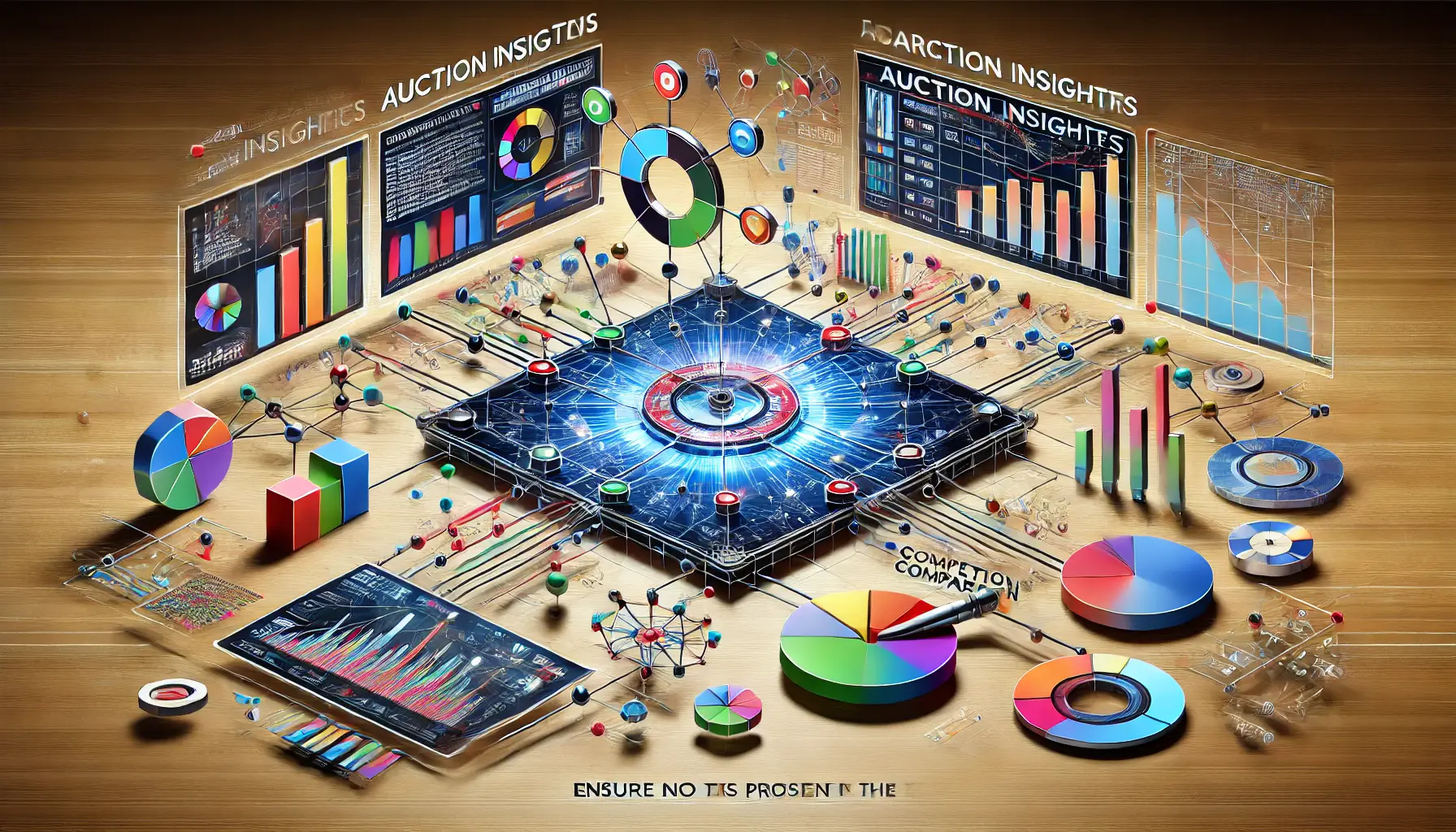 A conceptual digital visualization of auction insights, featuring interconnected nodes and colorful graphs.