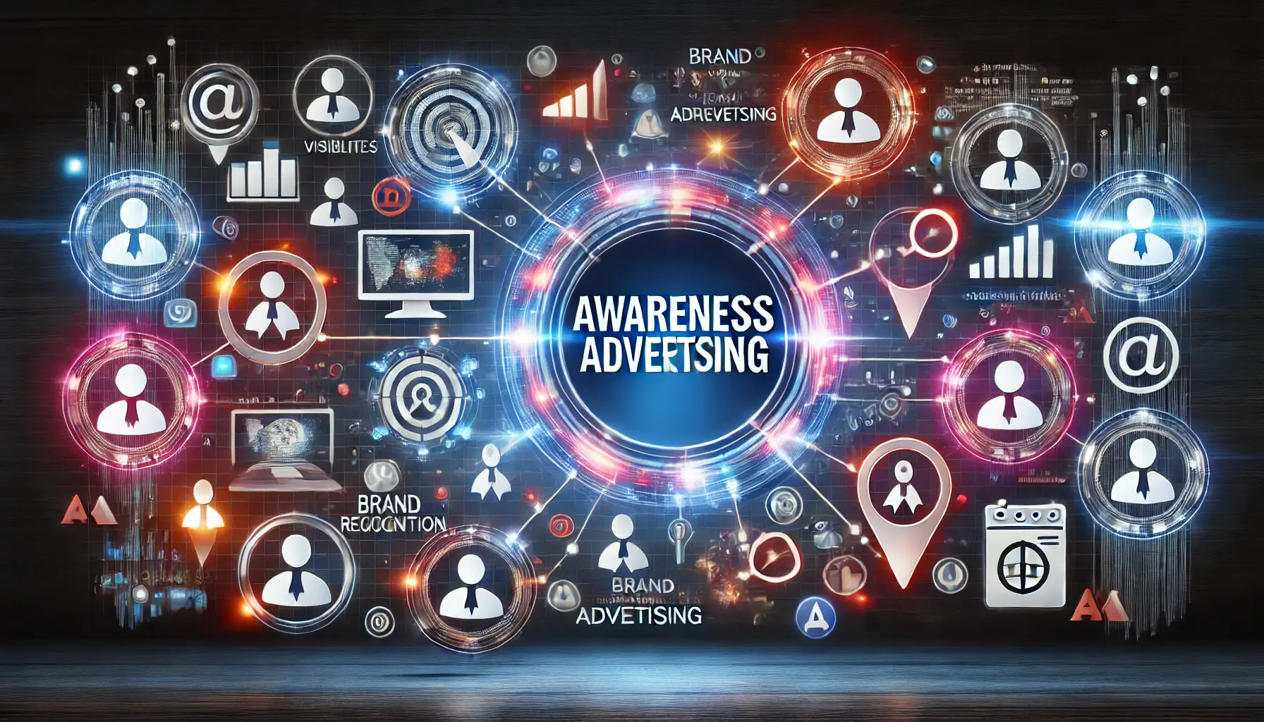 A modern illustration representing awareness advertising, featuring a glowing network of users and digital screens symbolizing brand visibility.